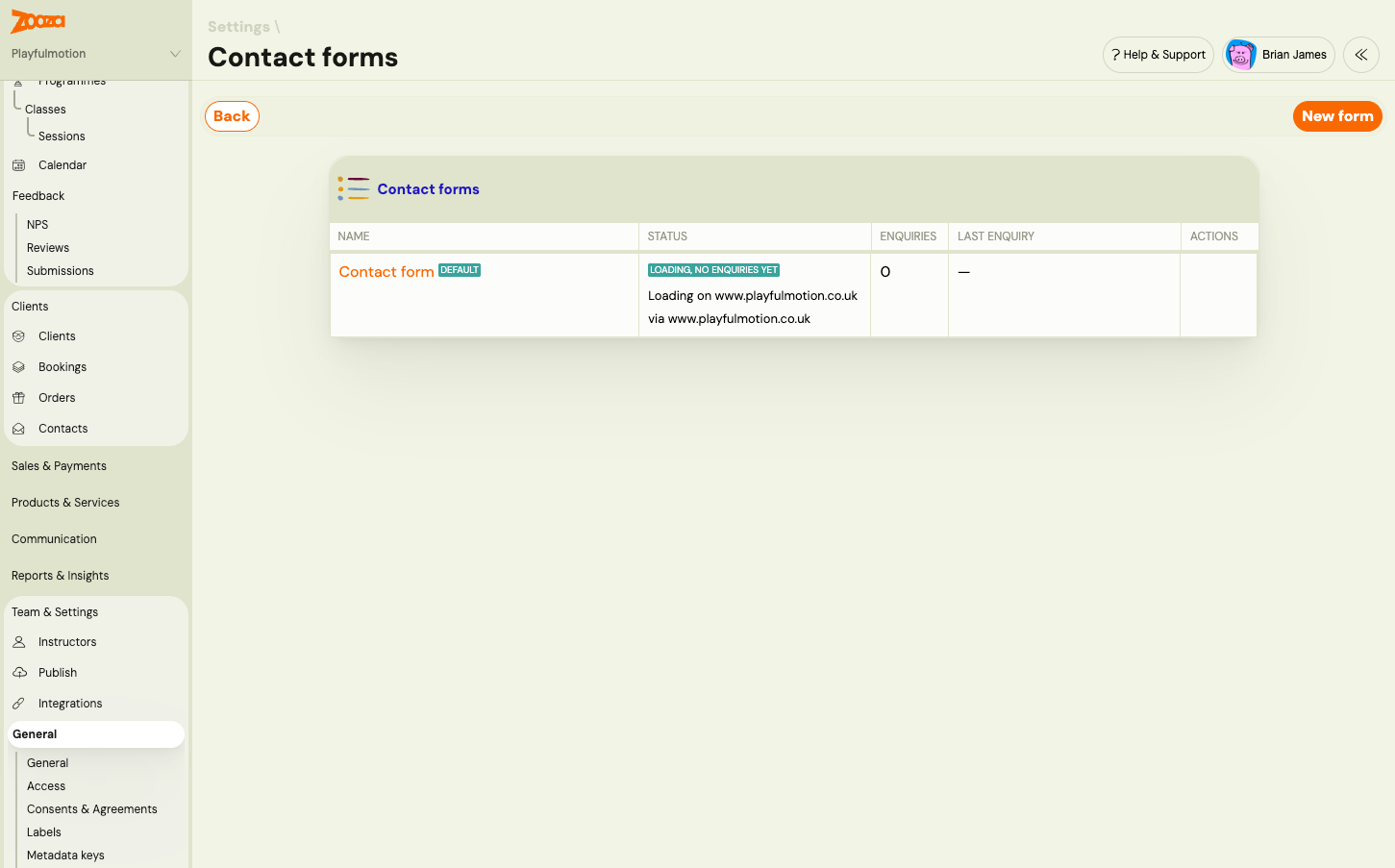 The Contact forms list with one row, Contact form marked DEFAULT, status Loading, no enquiries yet, and the New form button