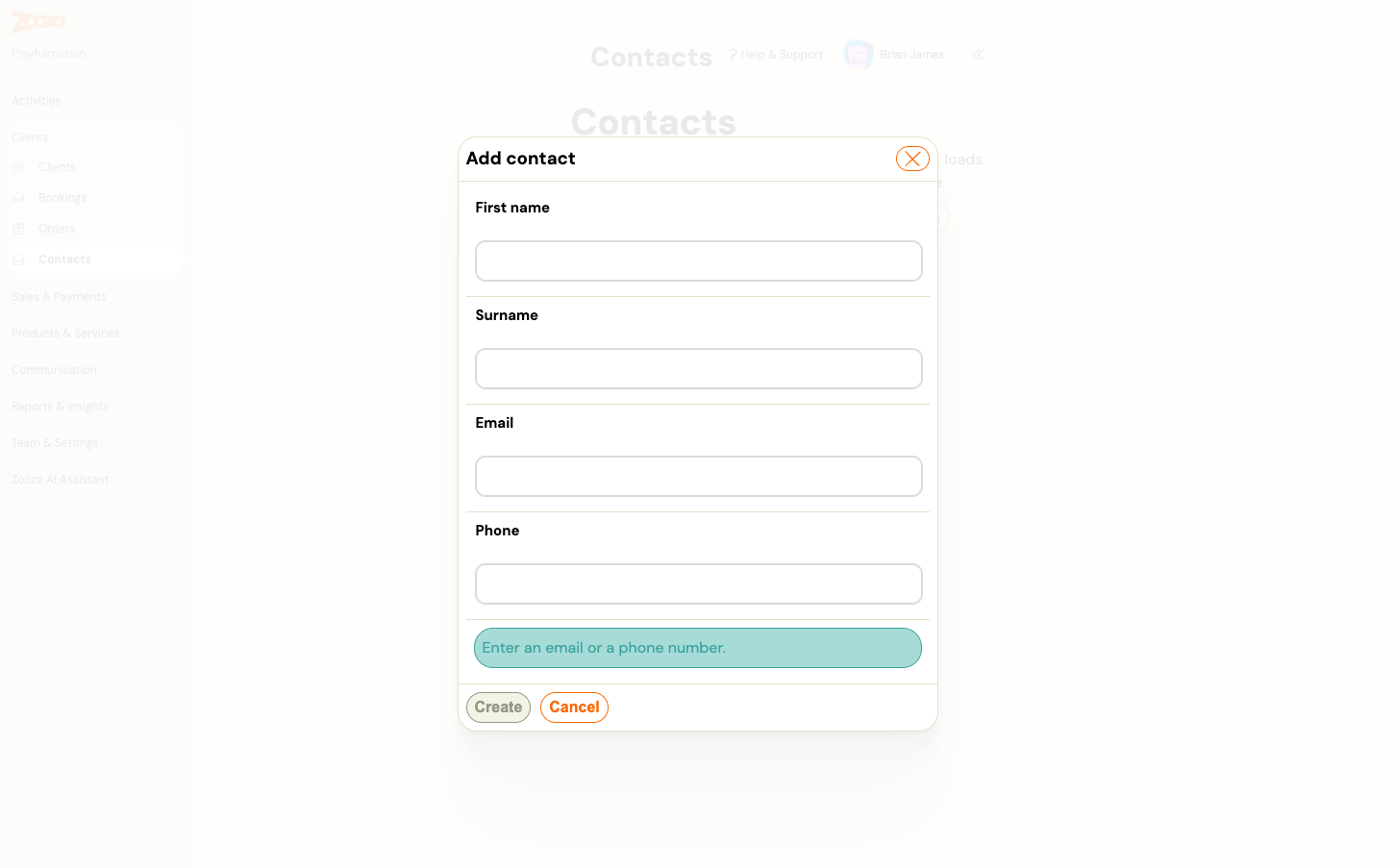 The Add contact dialog with First name, Surname, Email and Phone, and the hint that an email or a phone number is needed