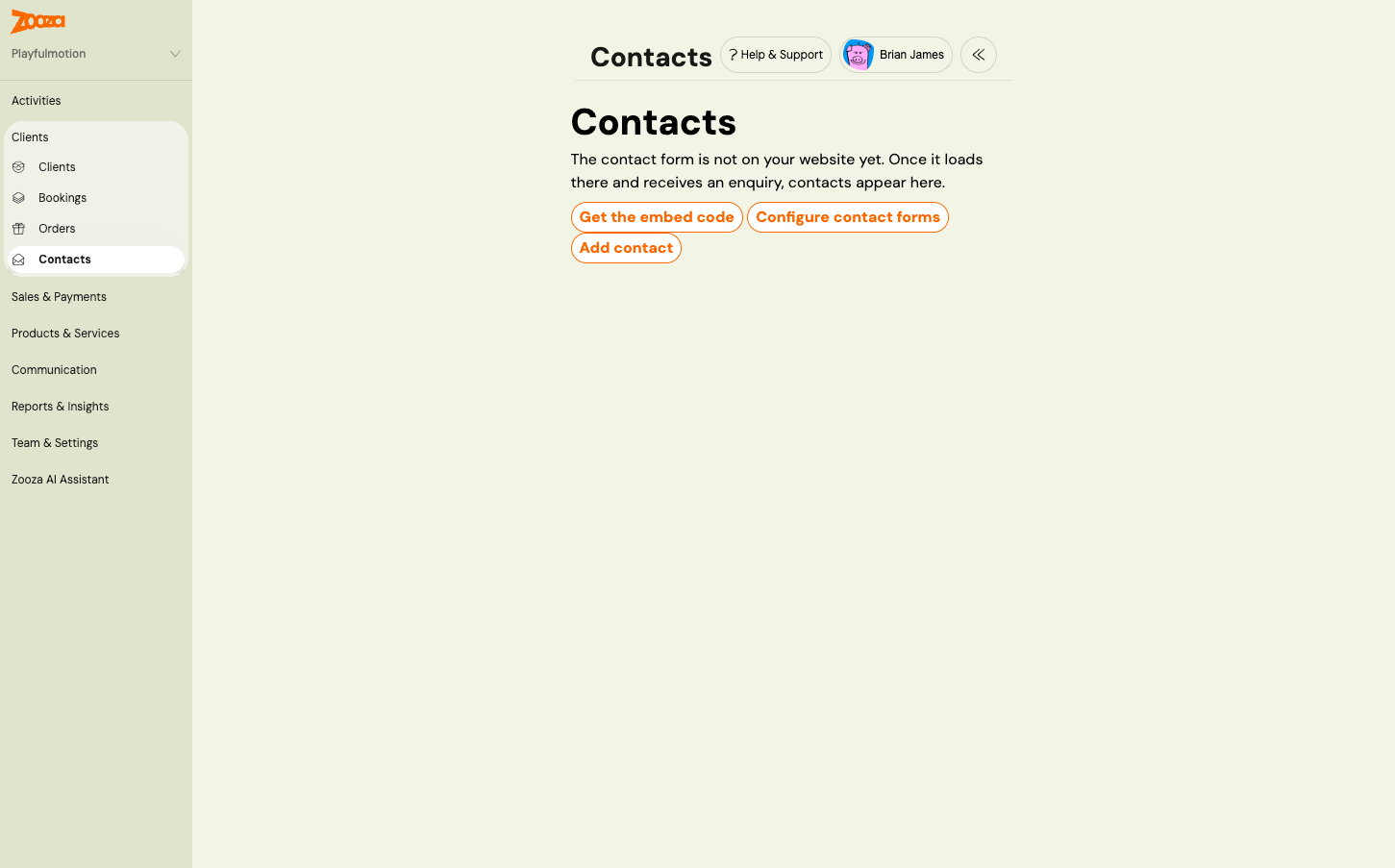 The empty Contacts page saying the contact form is not on your website yet, with Get the embed code, Configure contact forms and Add contact buttons