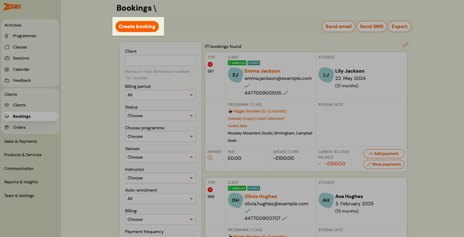 Screenshot — creating a booking