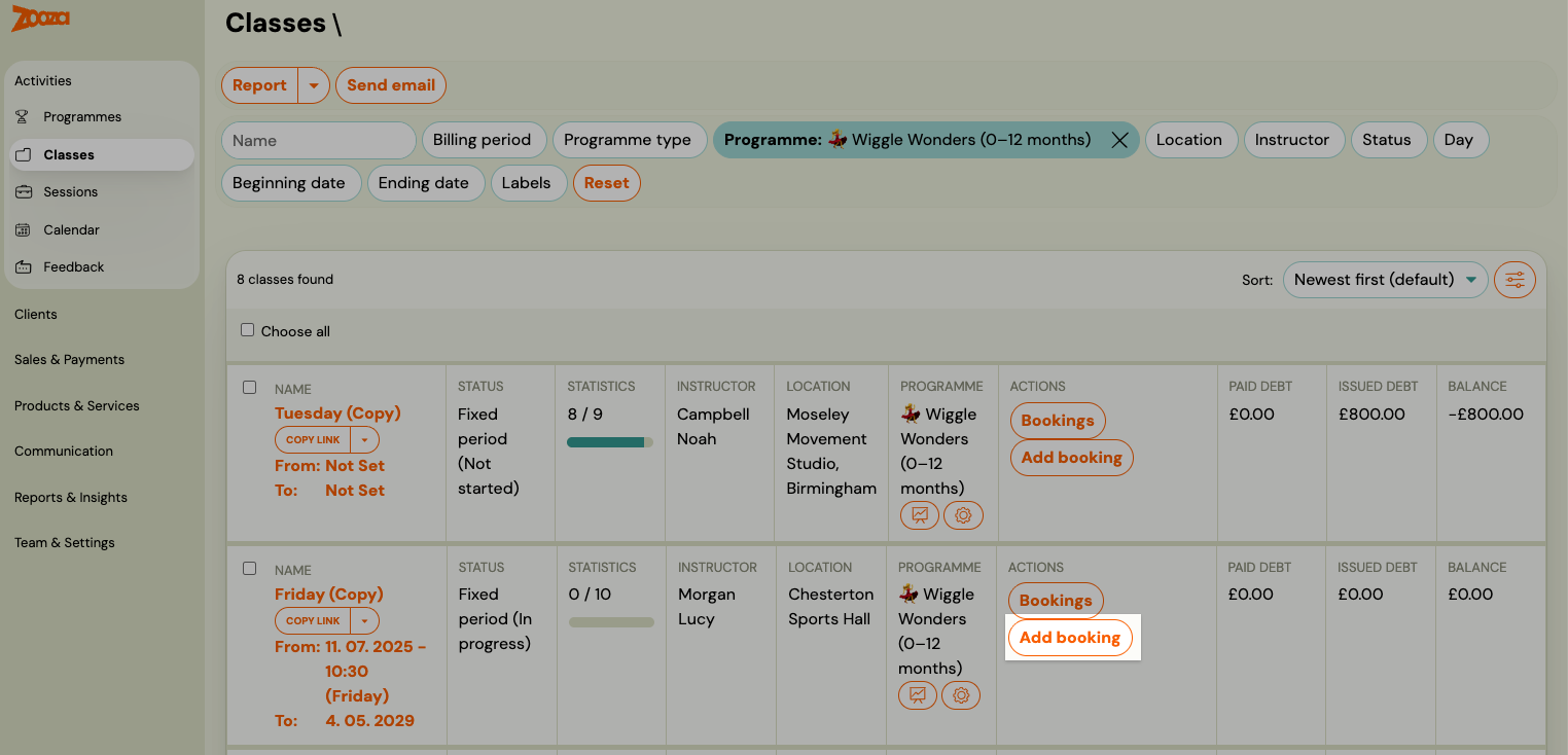 Screenshot — creating a booking