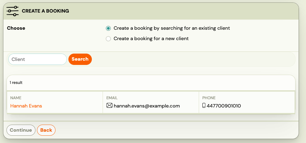 Screenshot — creating a booking