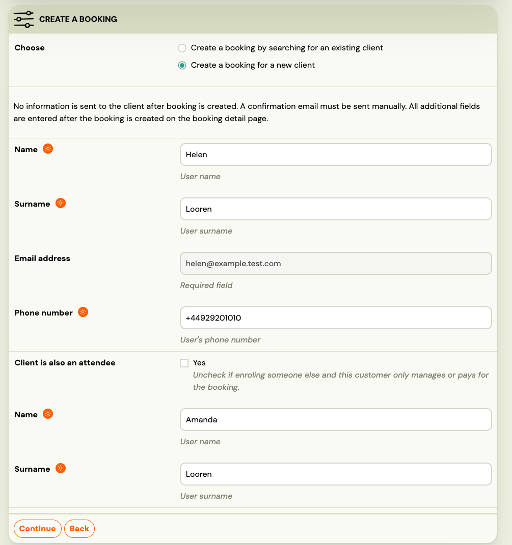 Screenshot — creating a booking