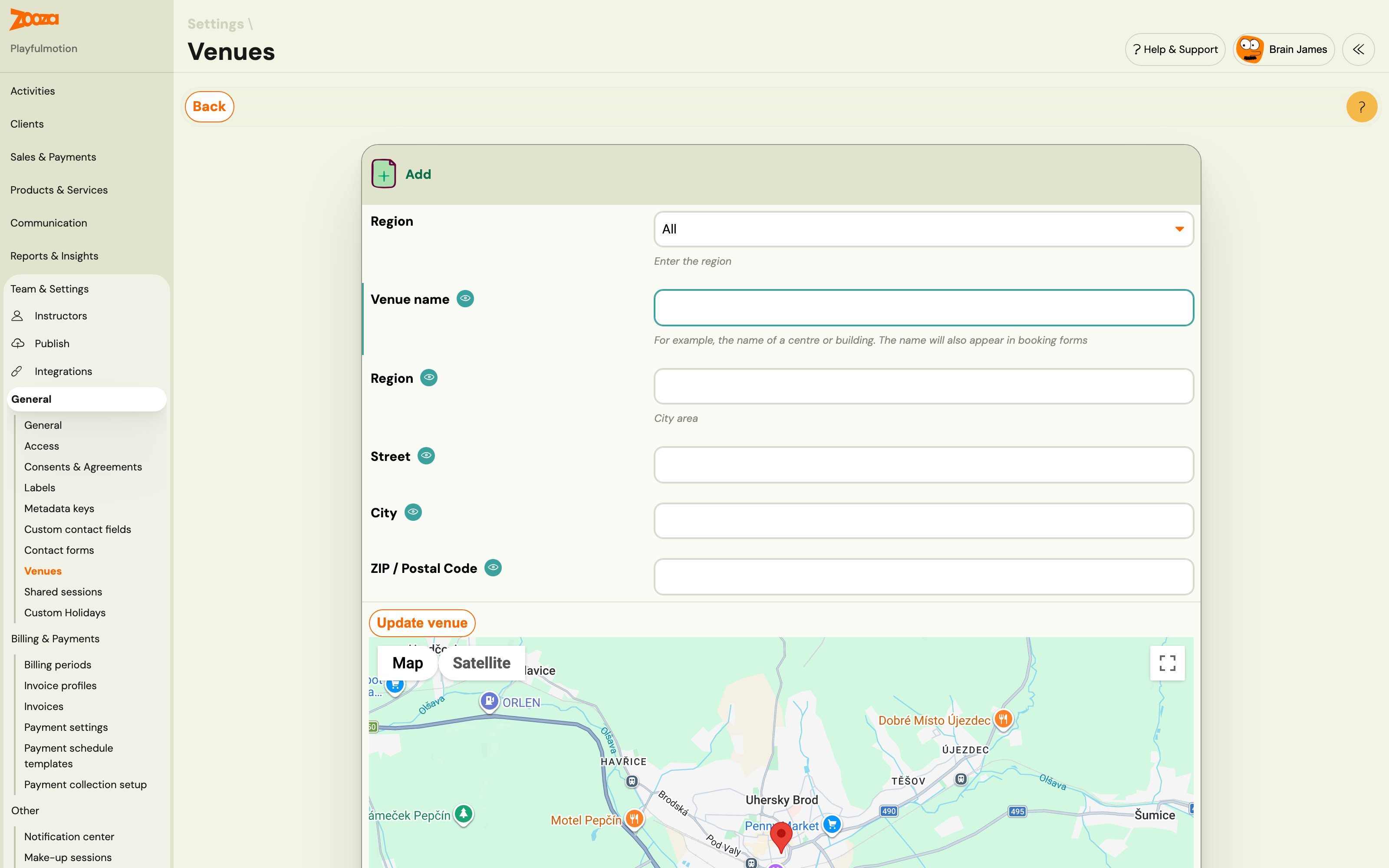 The Add venue form: Region, Venue name, address fields and map pin