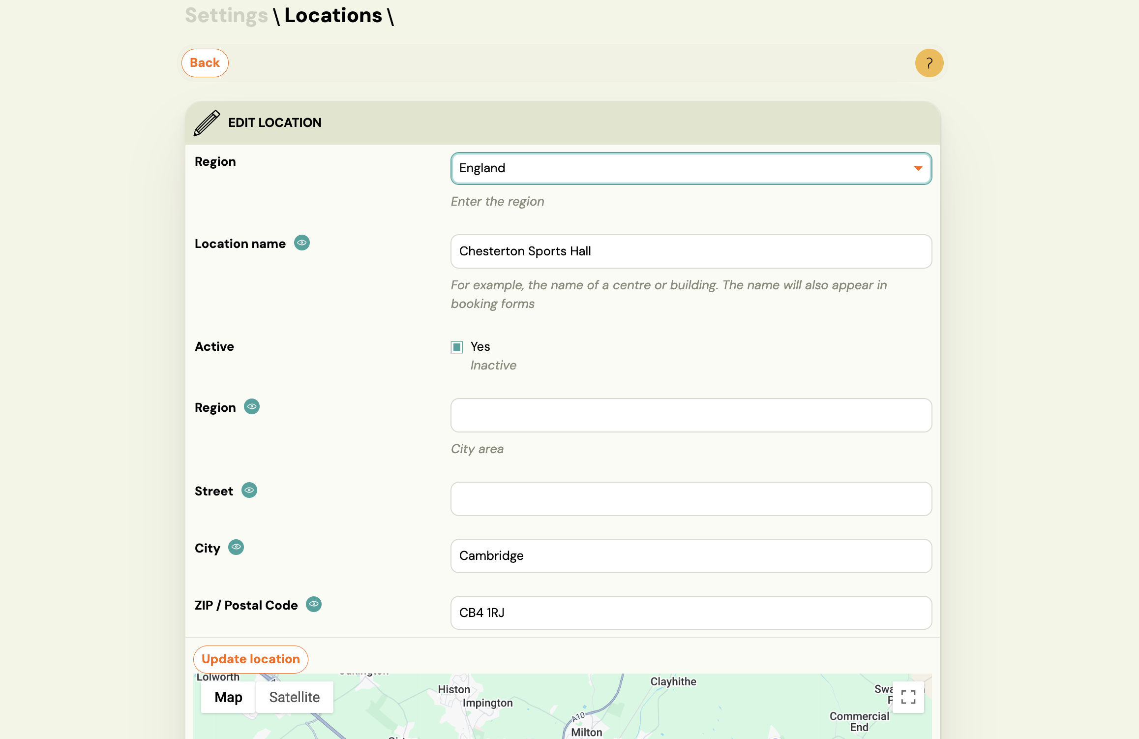 Screenshot — creating a location
