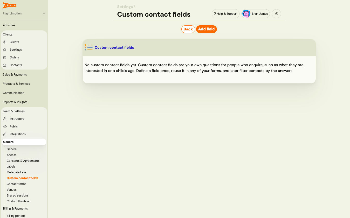 The Custom contact fields screen with no fields yet, explaining that custom fields are your own questions for people who enquire