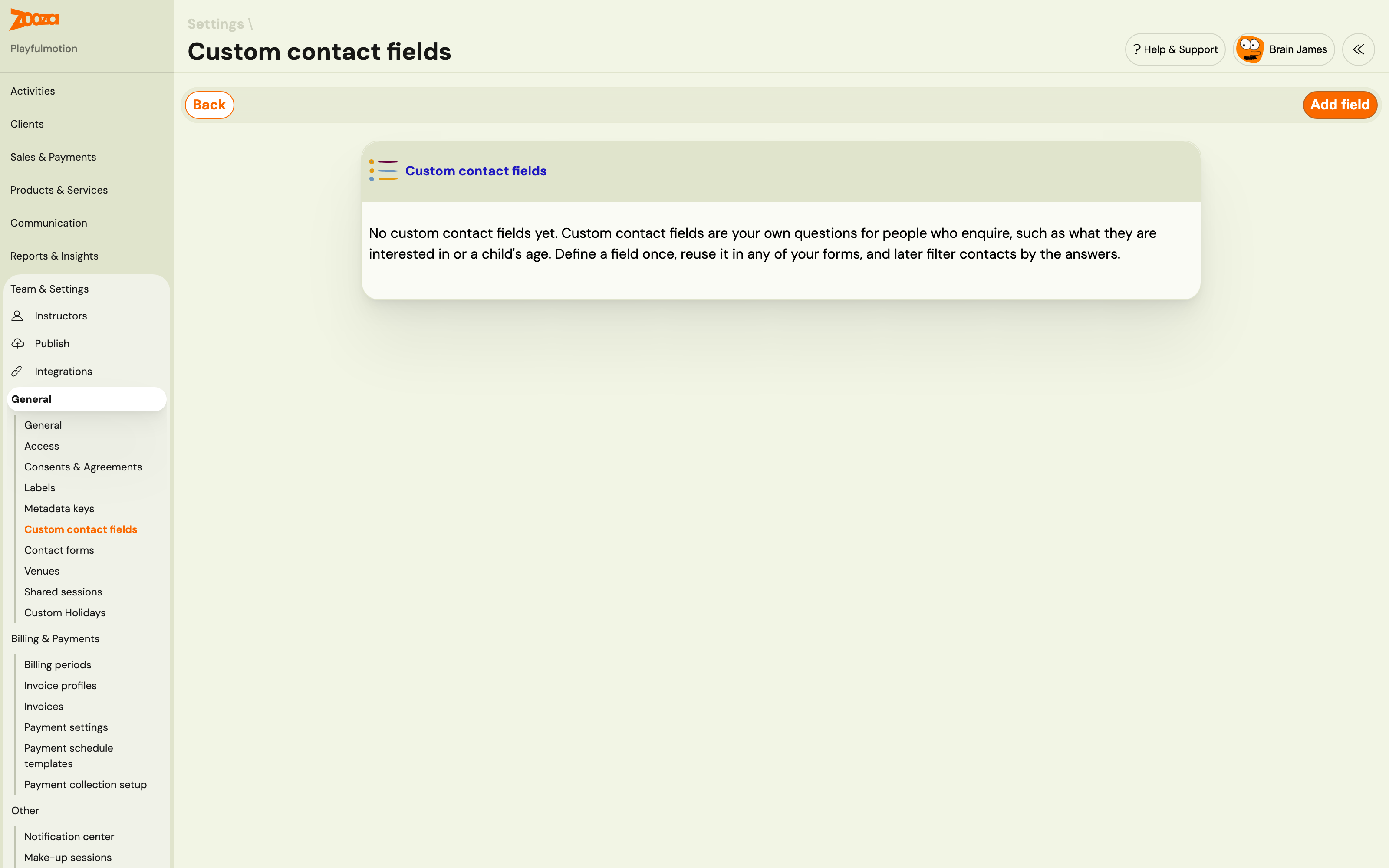 The Custom contact fields screen with no fields yet, explaining that custom fields are your own questions for people who enquire