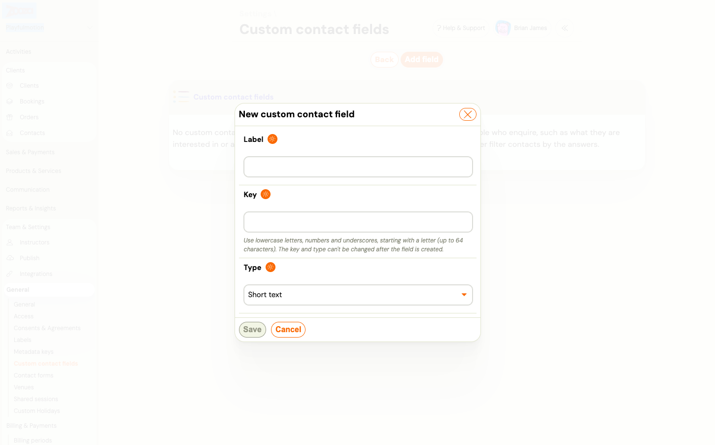 The New custom contact field dialog with Label, Key and Type fields, and the hint that the key and type cannot be changed later