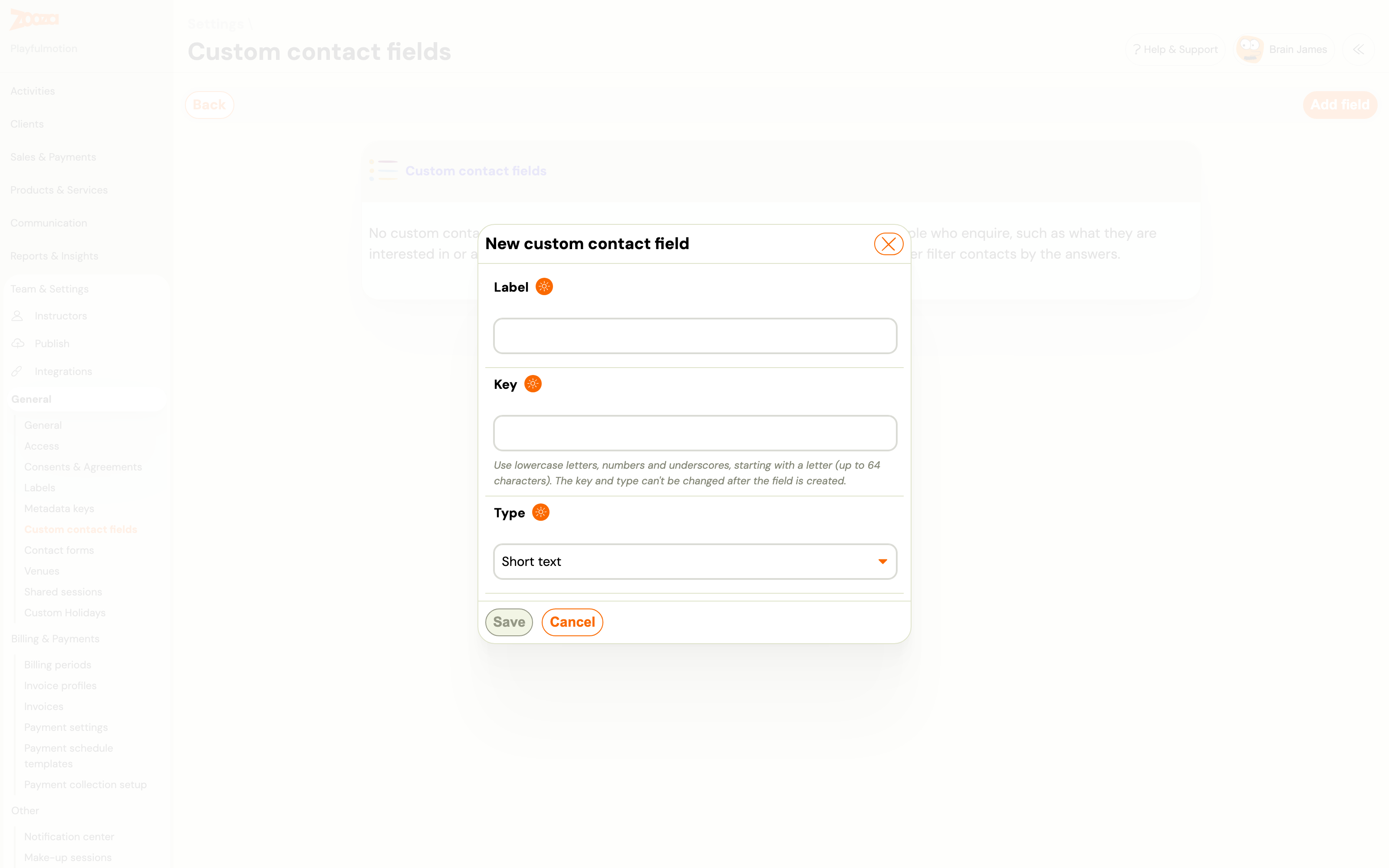 The New custom contact field dialog with Label, Key and Type fields, and the hint that the key and type cannot be changed later