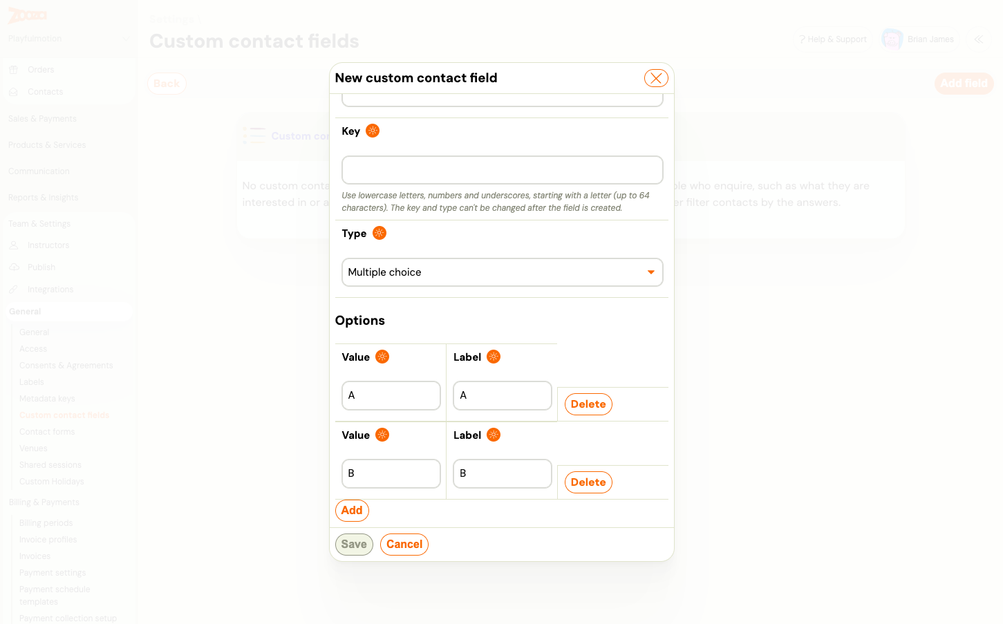The New custom contact field dialog with the type Multiple choice and two options, each with a Value and a Label and a Delete button