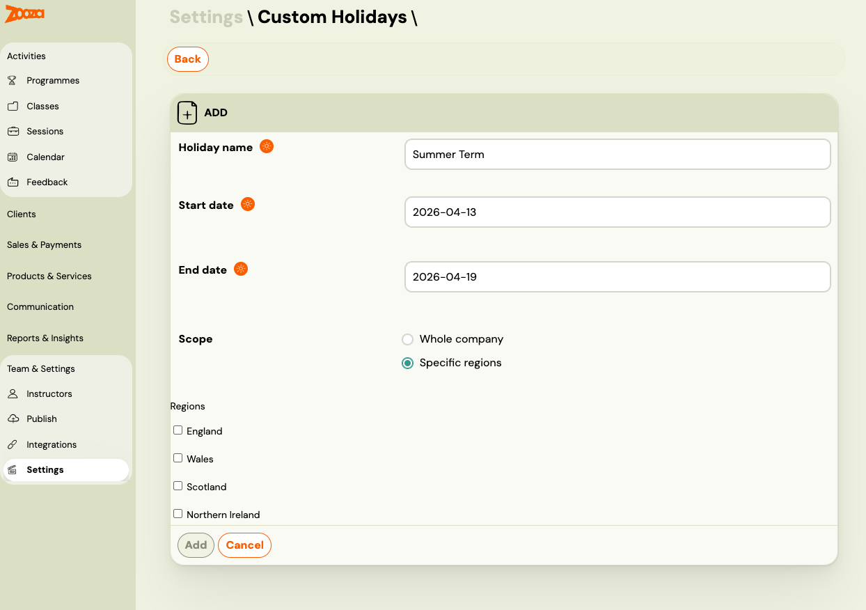 Screenshot — custom holidays