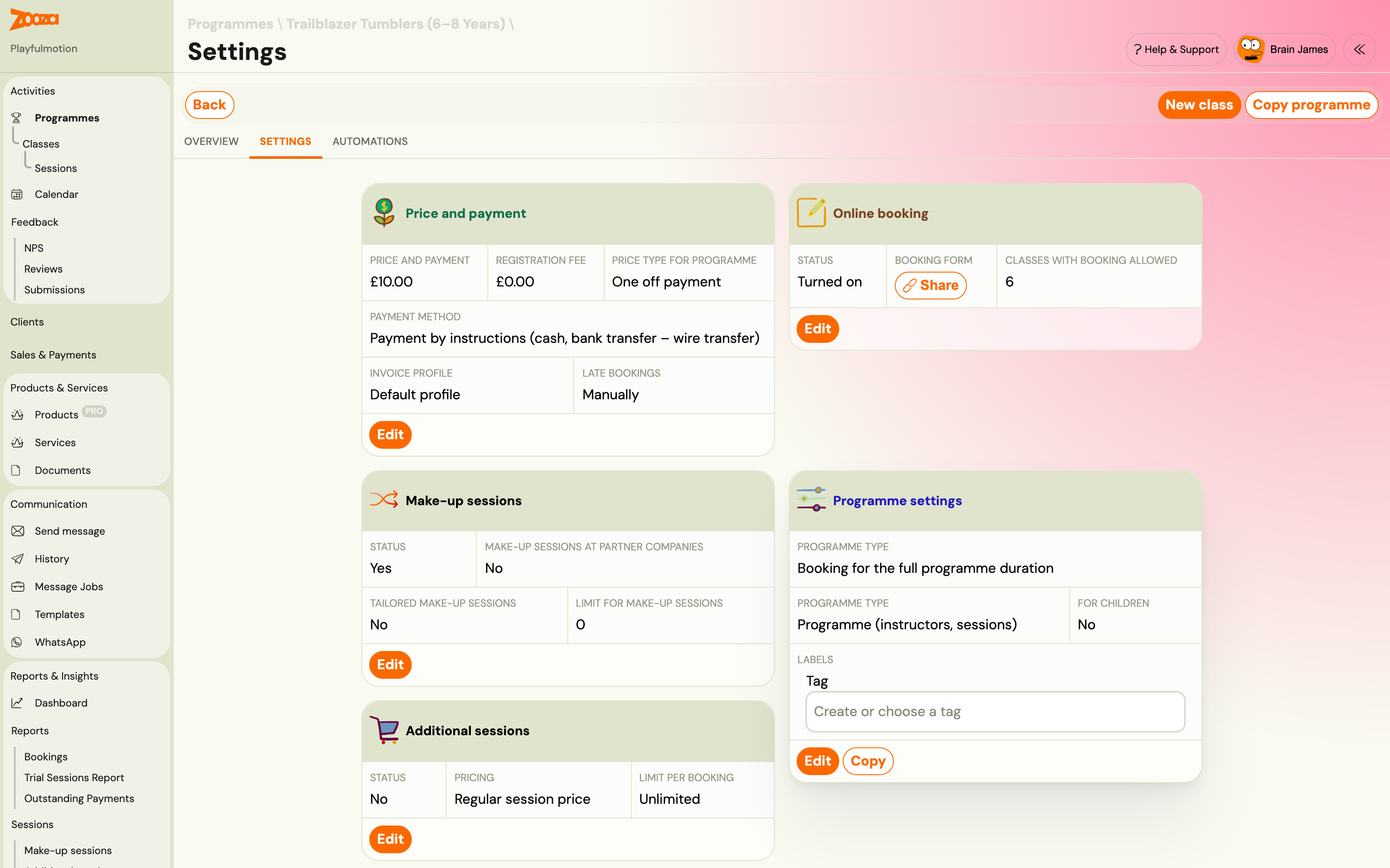 Programme Settings tab with the Price and payment and Online booking tiles