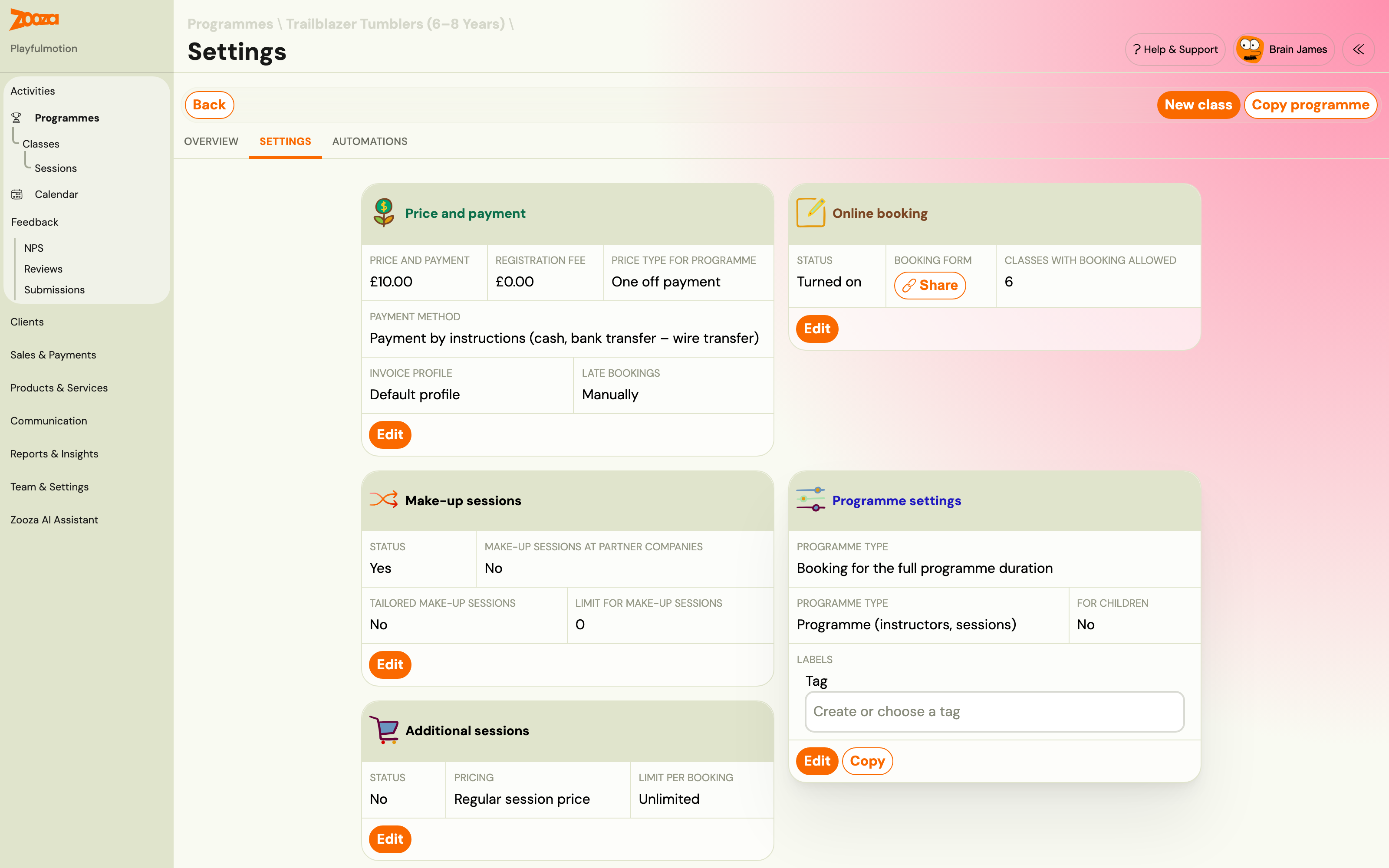 Programme Settings tab with the Price and payment, Online booking, Make-up sessions, Programme settings and Additional sessions tiles