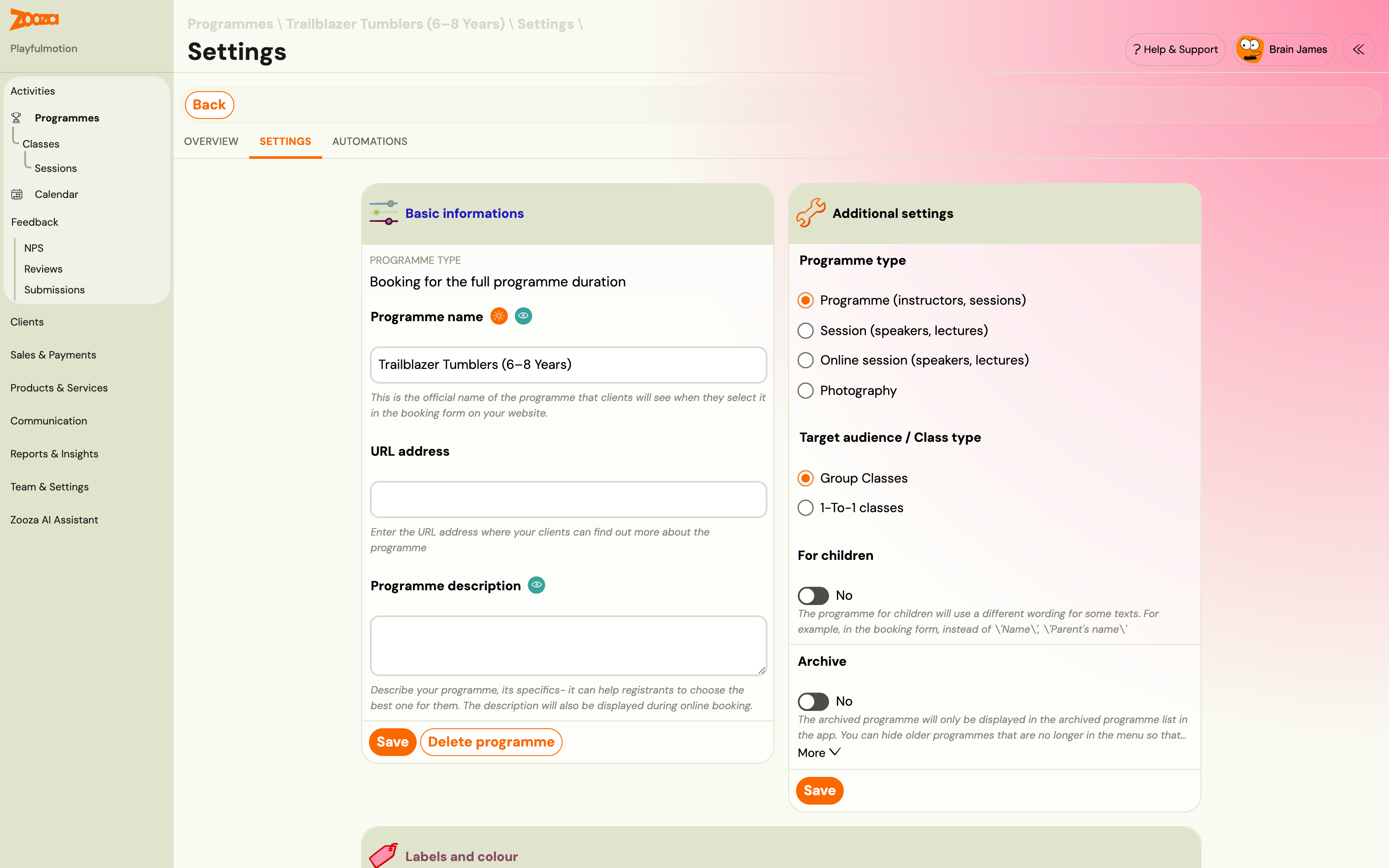Programme settings tile: Basic information and Additional settings with programme type, target audience, For children and Archive