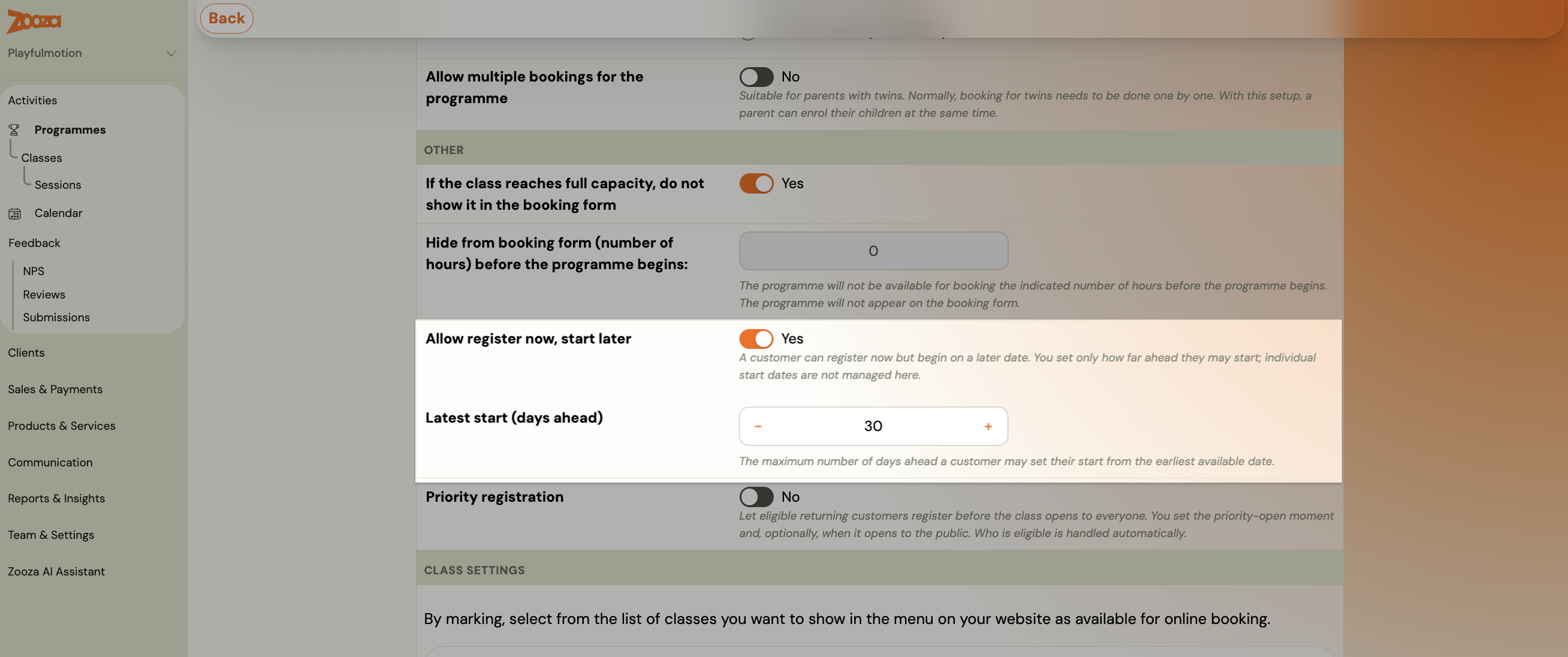 Screenshot — delayed start registration