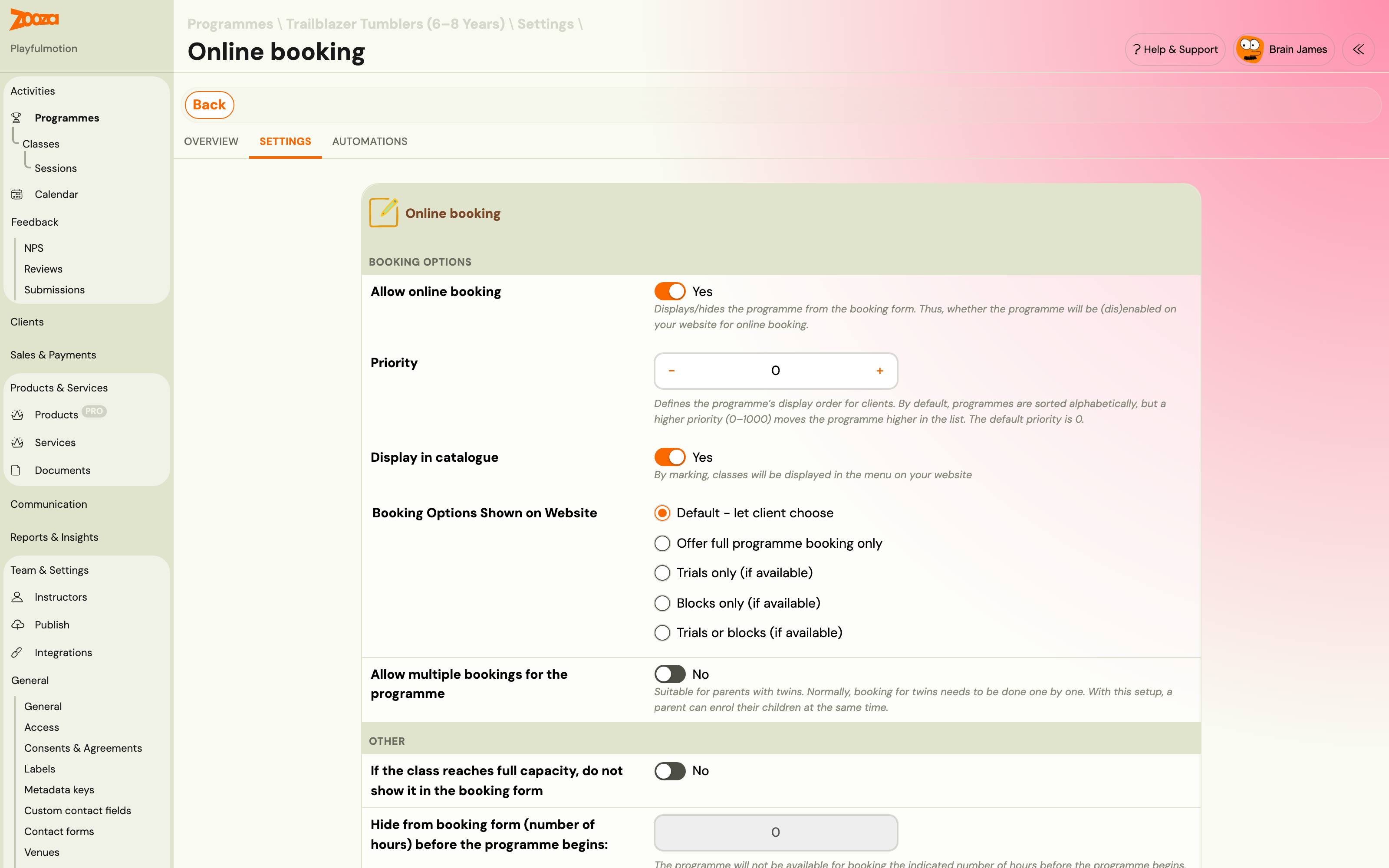 Online booking settings with Allow register now, start later and Priority registration switches