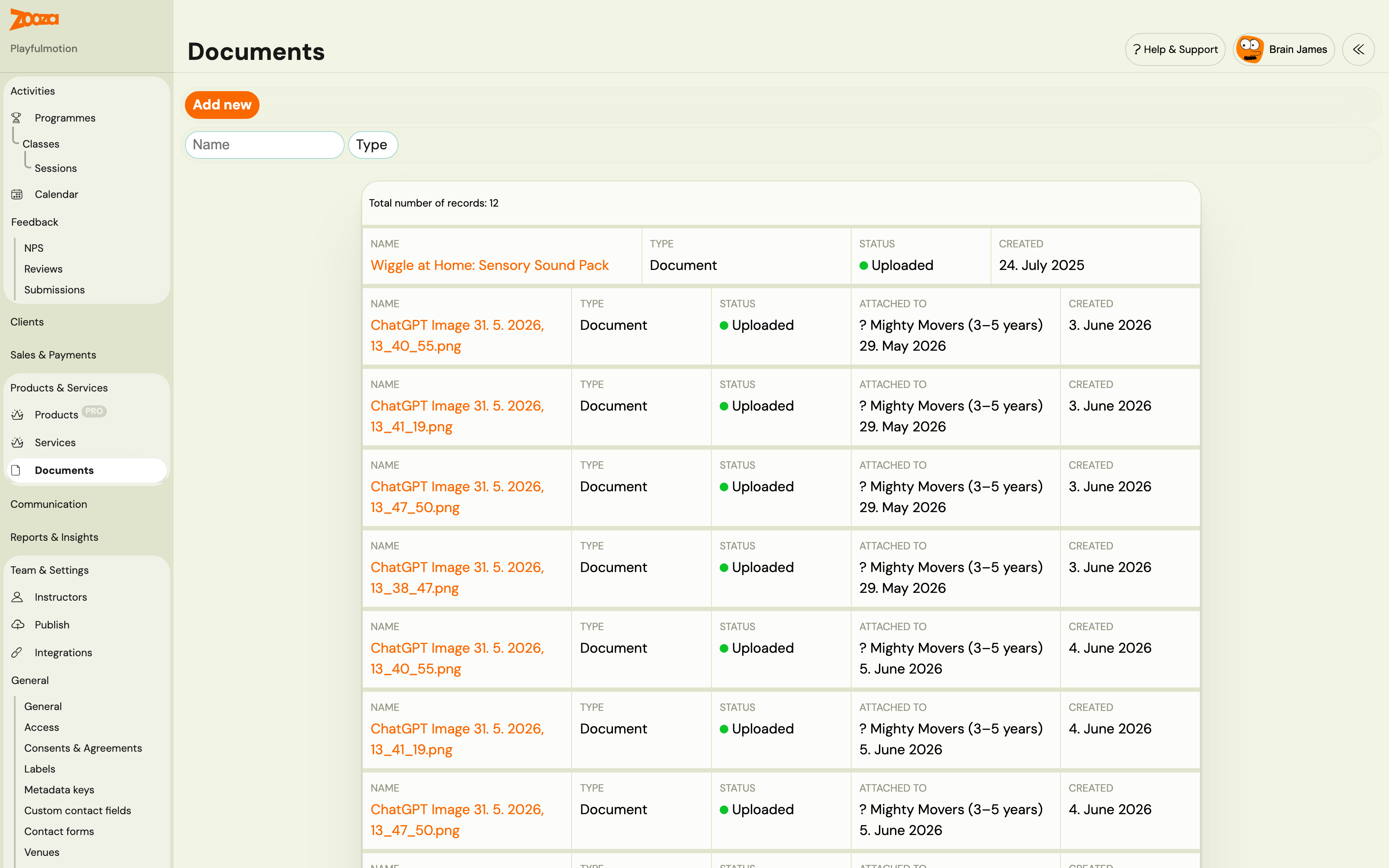 Products &amp; Services → Documents: the document library list with name, type, status and created date