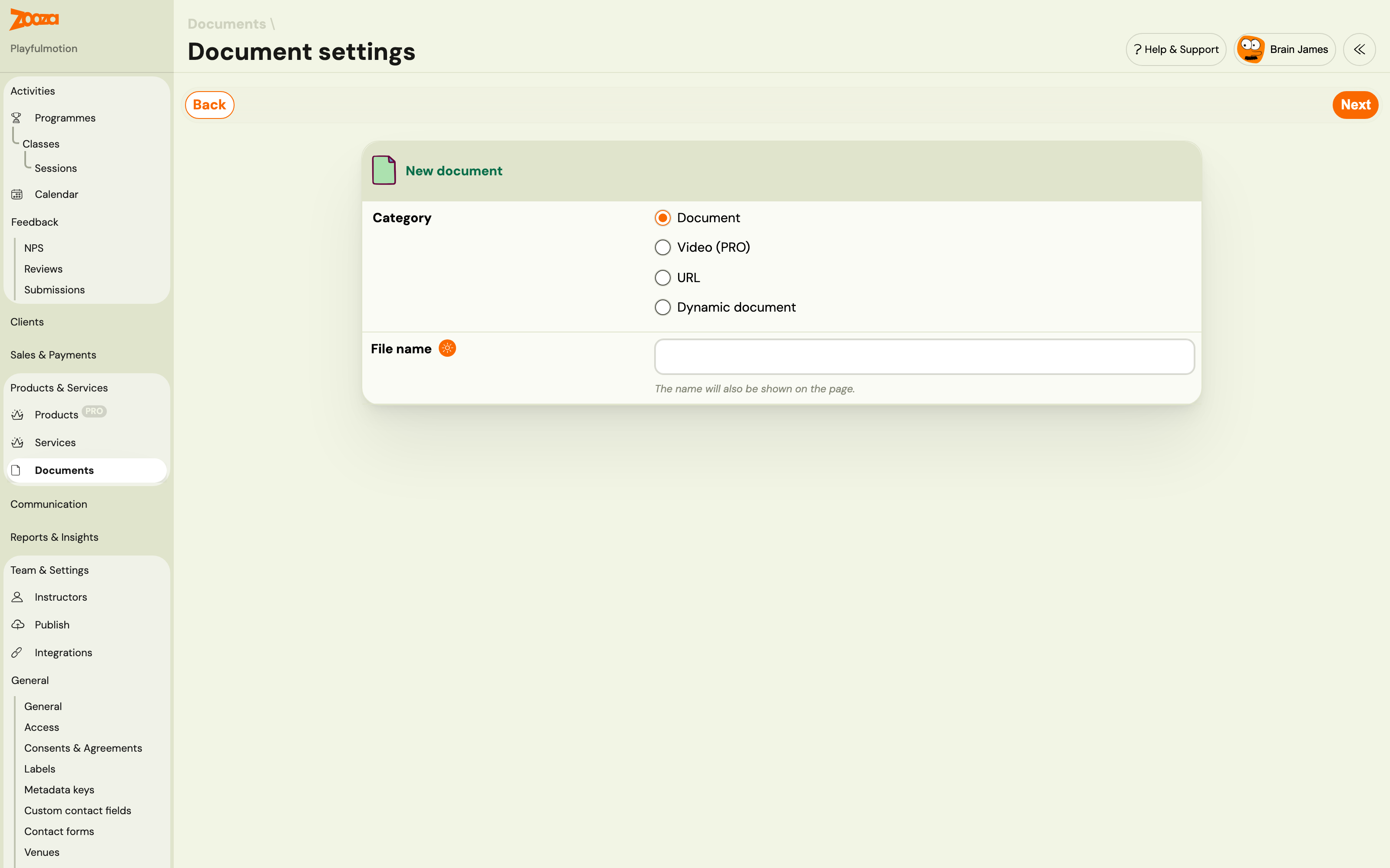 New document, step 1: choose the category (Document, Video, URL, Dynamic document) and enter the file name