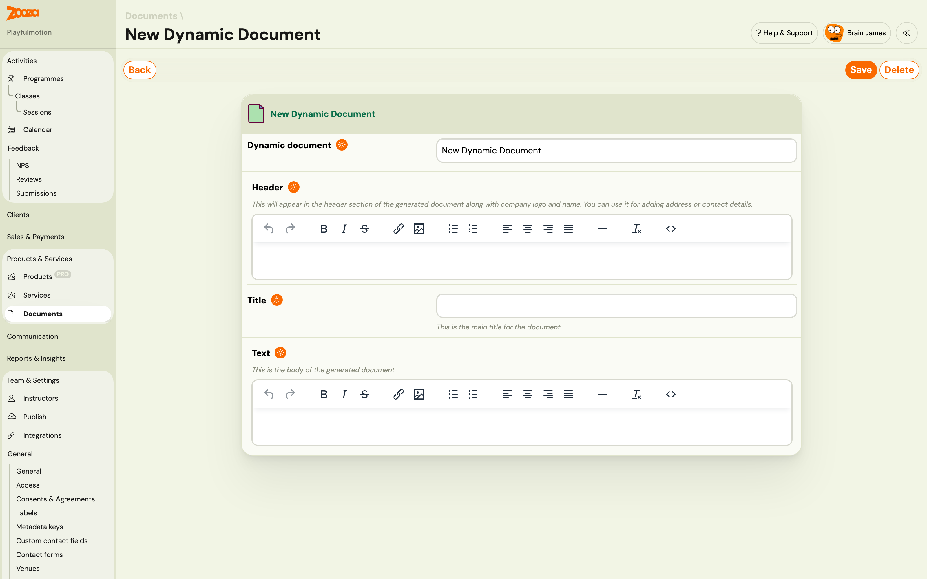 New dynamic document form with the Header, Title and Text editors