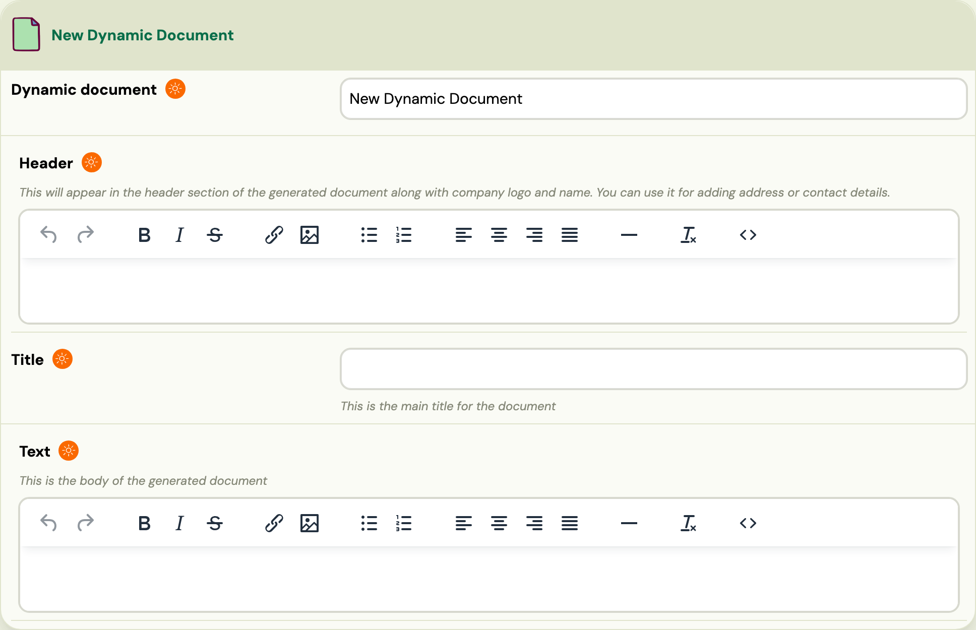Dynamic document editor: document name, Header, Title and Text fields