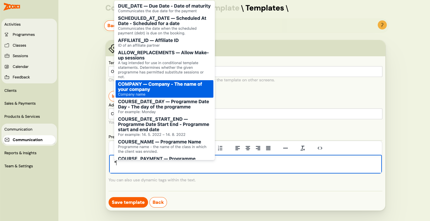 Screenshot — dynamic tags