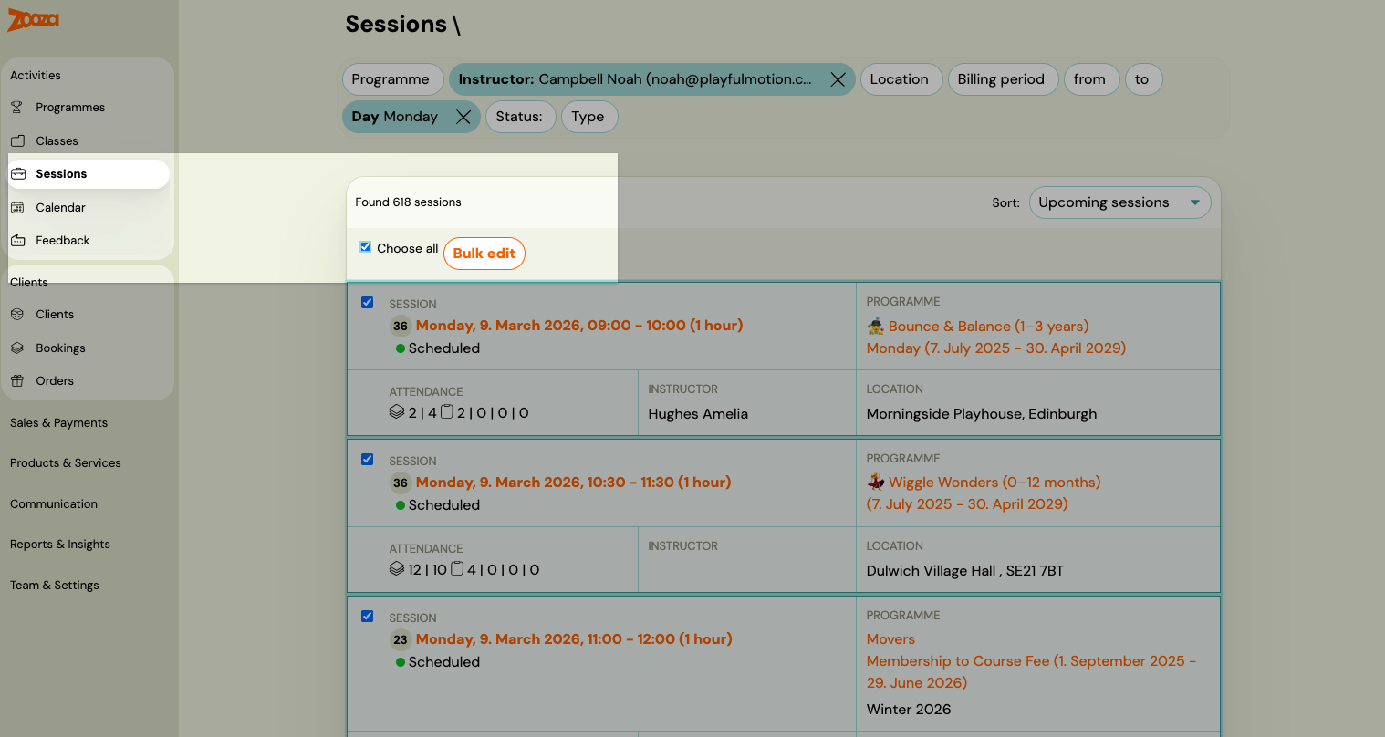 Screenshot — edit sessions in programmes