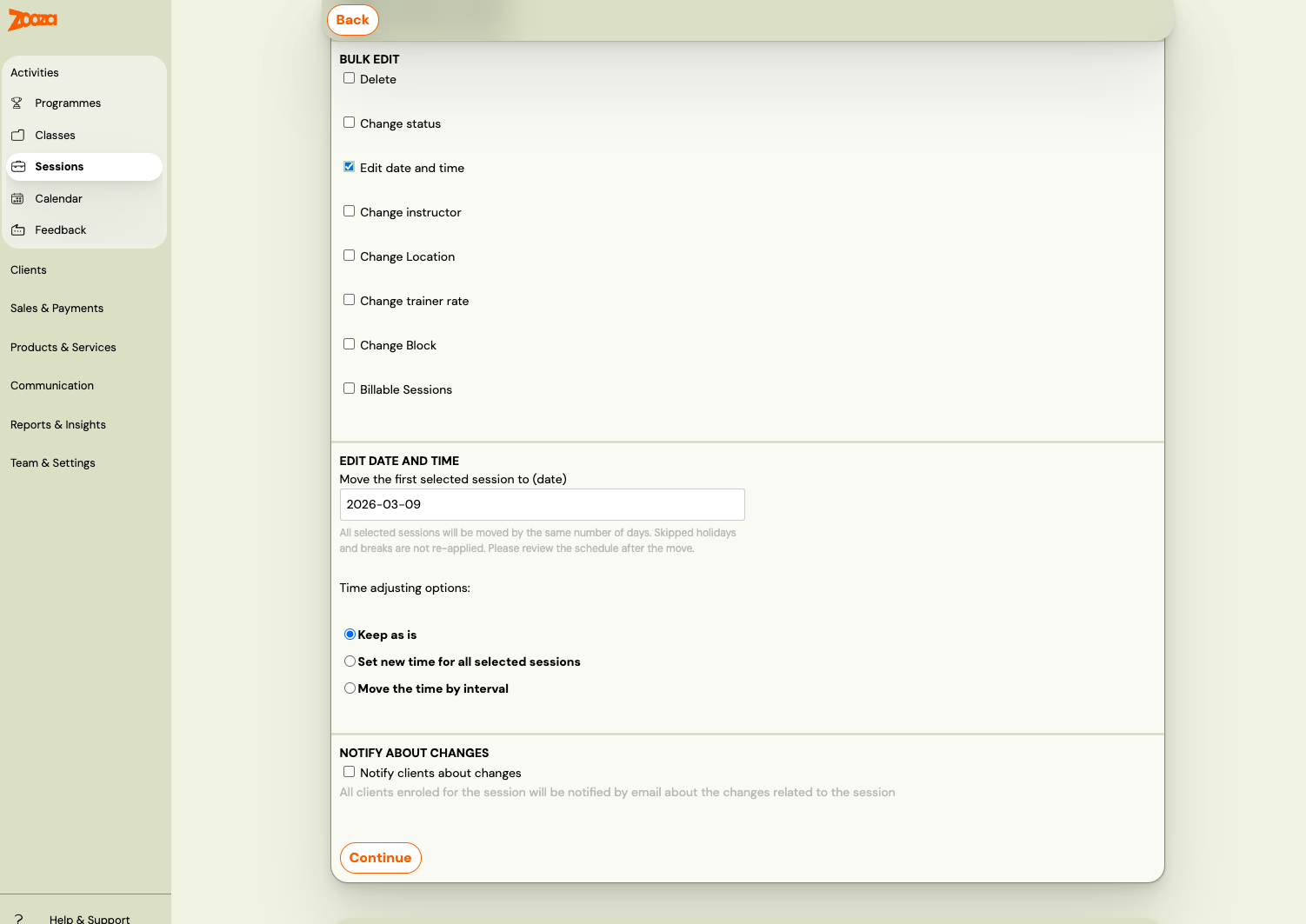 Screenshot — edit sessions in programmes