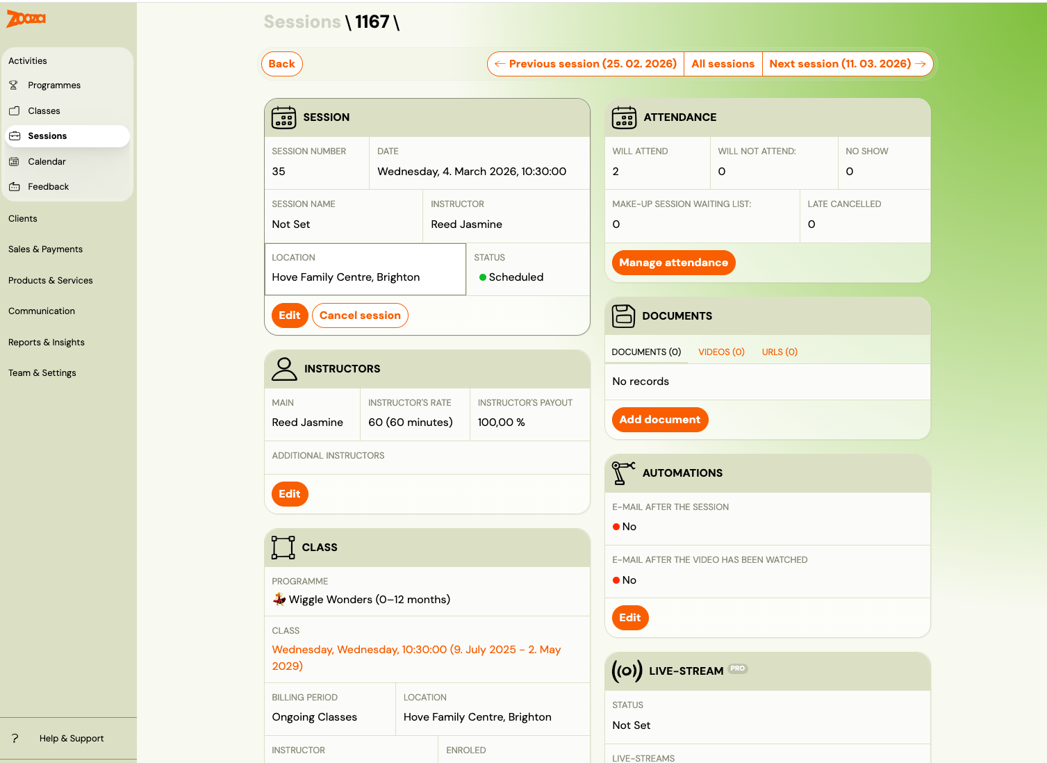 Screenshot — edit sessions in programmes