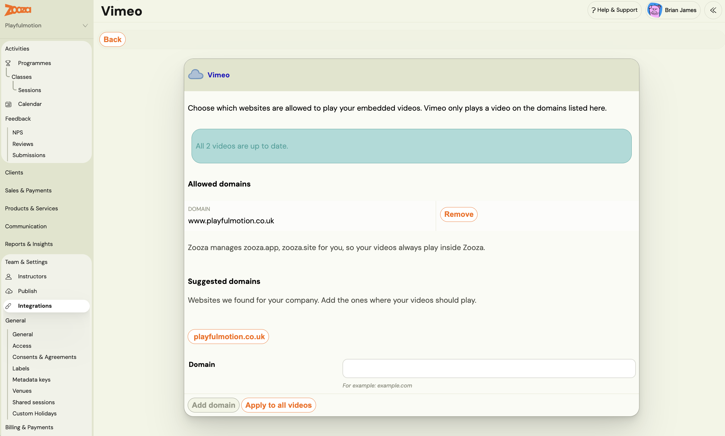 Settings, Integrations, Vimeo: the Allowed domains list with one domain and a Remove button, the note that Zooza manages zooza.app and zooza.site, a suggested domain chip, and the Add domain and Apply to all videos buttons