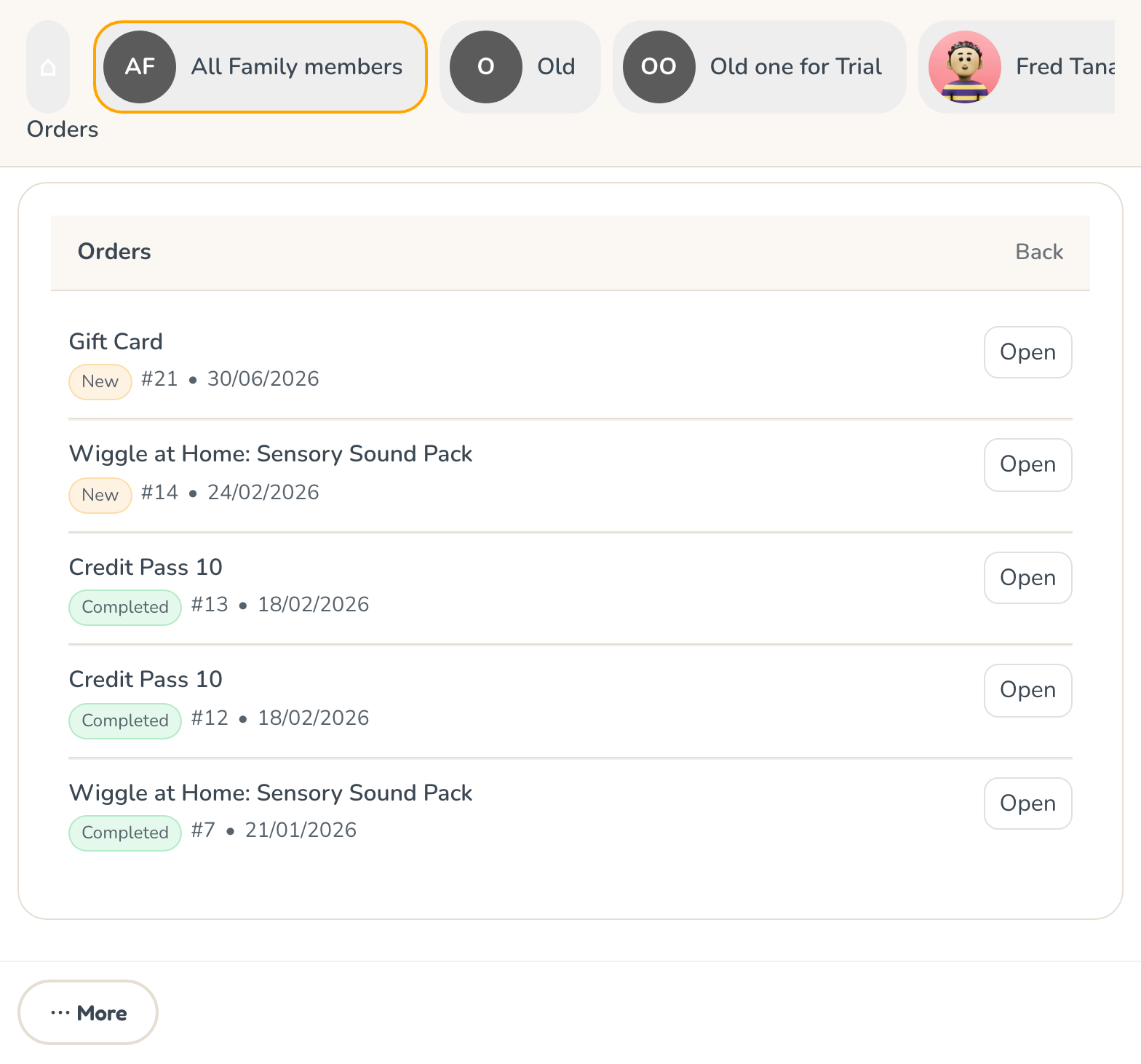 Client zone Orders list with gift card, sensory pack and credit pass orders