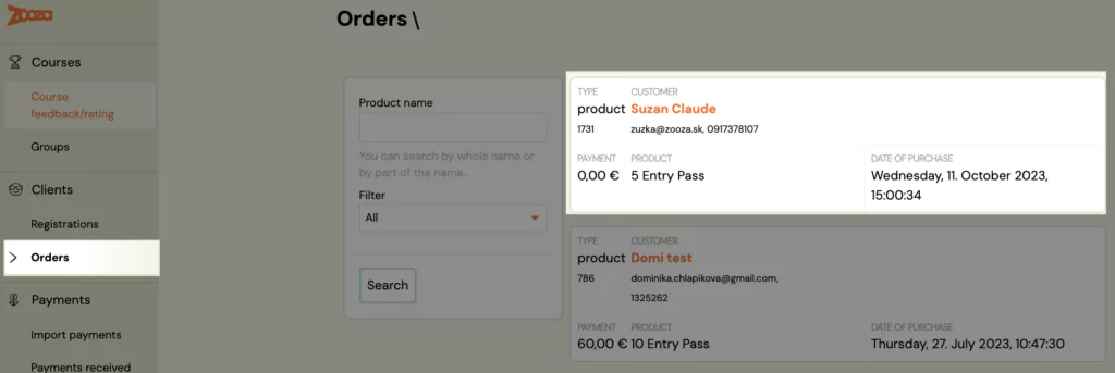 Order linked to the booking