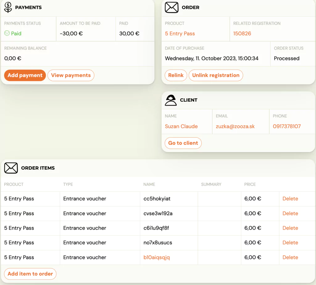 Order detail with entry pass entries