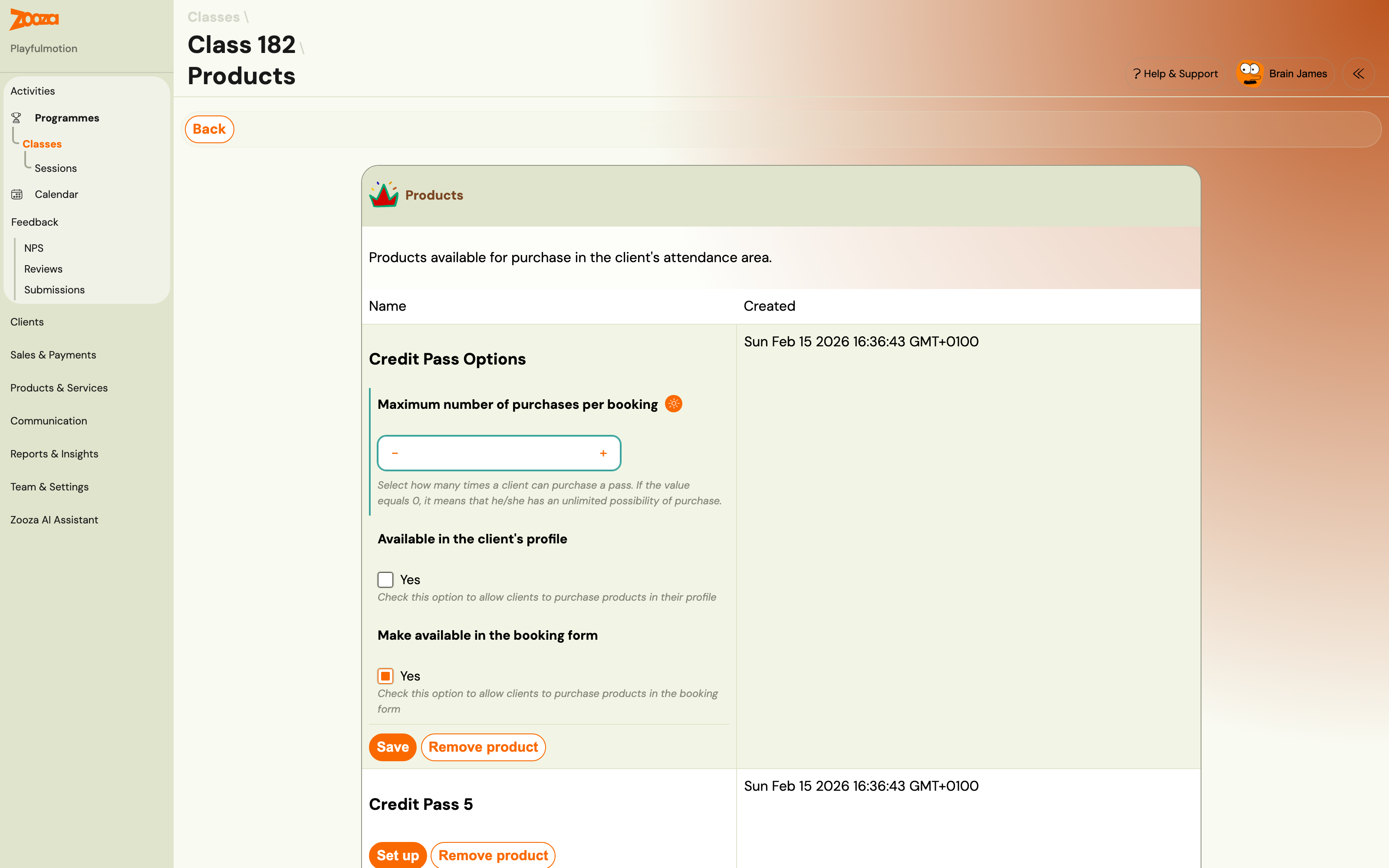 Product settings on a class — purchase limit and the two availability checkboxes The Set up panel on a product assigned to a class, showing Maximum number of purchases per booking and the two independent availability checkboxes — Available in the client's profile, unticked, and Make available in the booking form, ticked