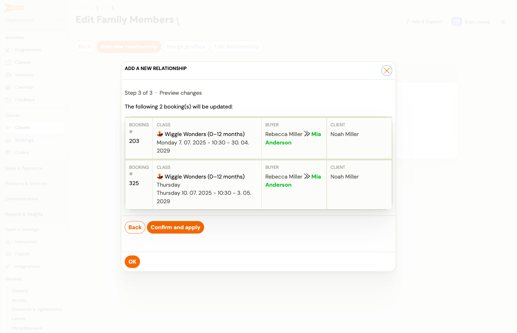 Step 3 of Add new relationship wizard — preview of bookings that will be updated
