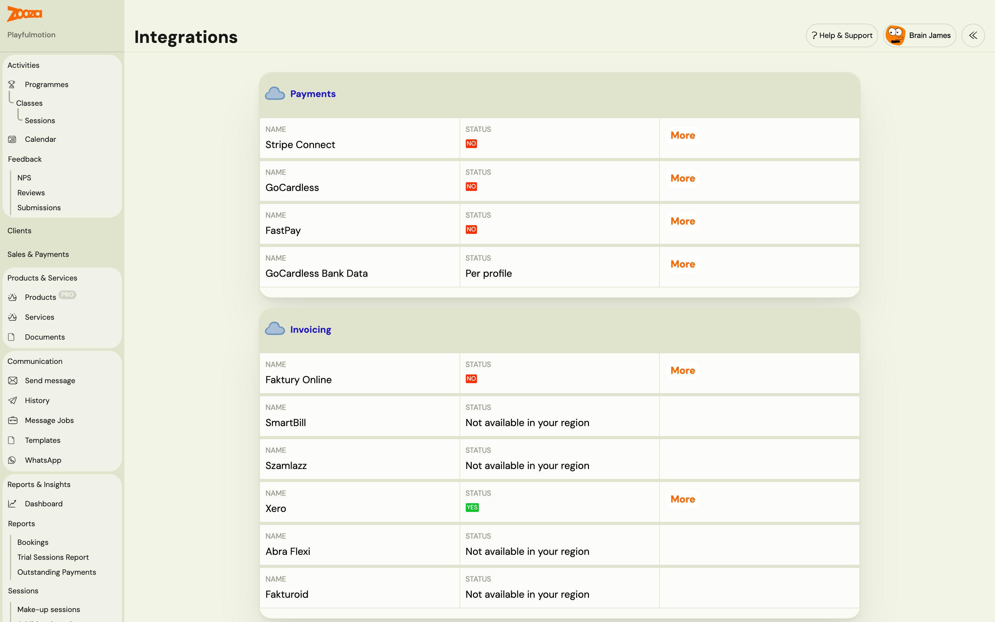 Integrations page Payments section listing FastPay alongside Stripe Connect and GoCardless