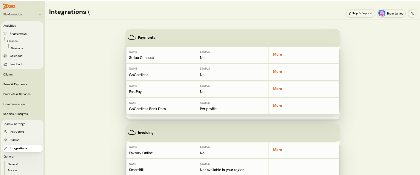 Integrations page Payments section listing FastPay alongside Stripe Connect and GoCardless