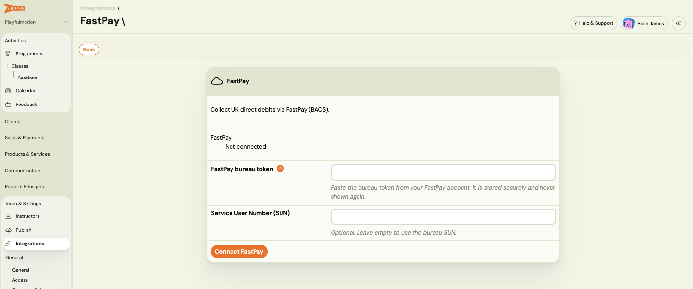 FastPay connection form with fields for the bureau token and an optional Service User Number and a Connect FastPay button