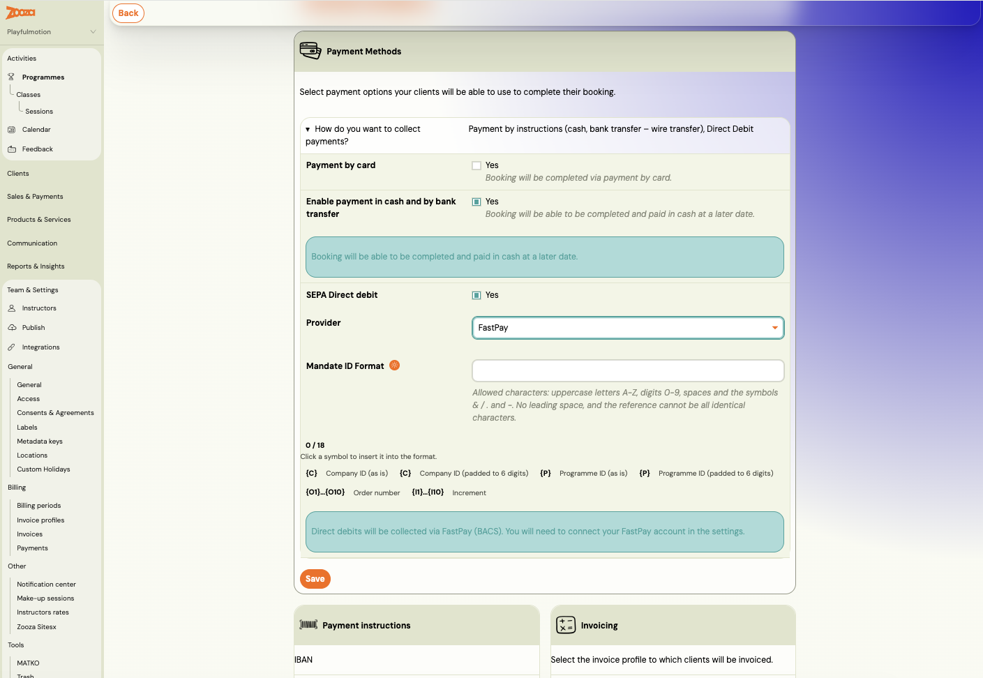 Course Payment Methods settings with SEPA Direct debit enabled, Provider set to FastPay, and the Mandate ID Format field