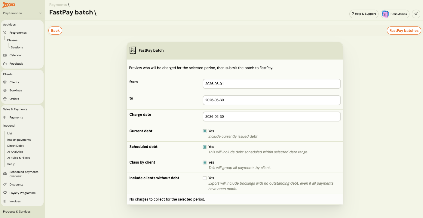 FastPay batch preview showing the selected period, charge date and debt-inclusion options before submitting