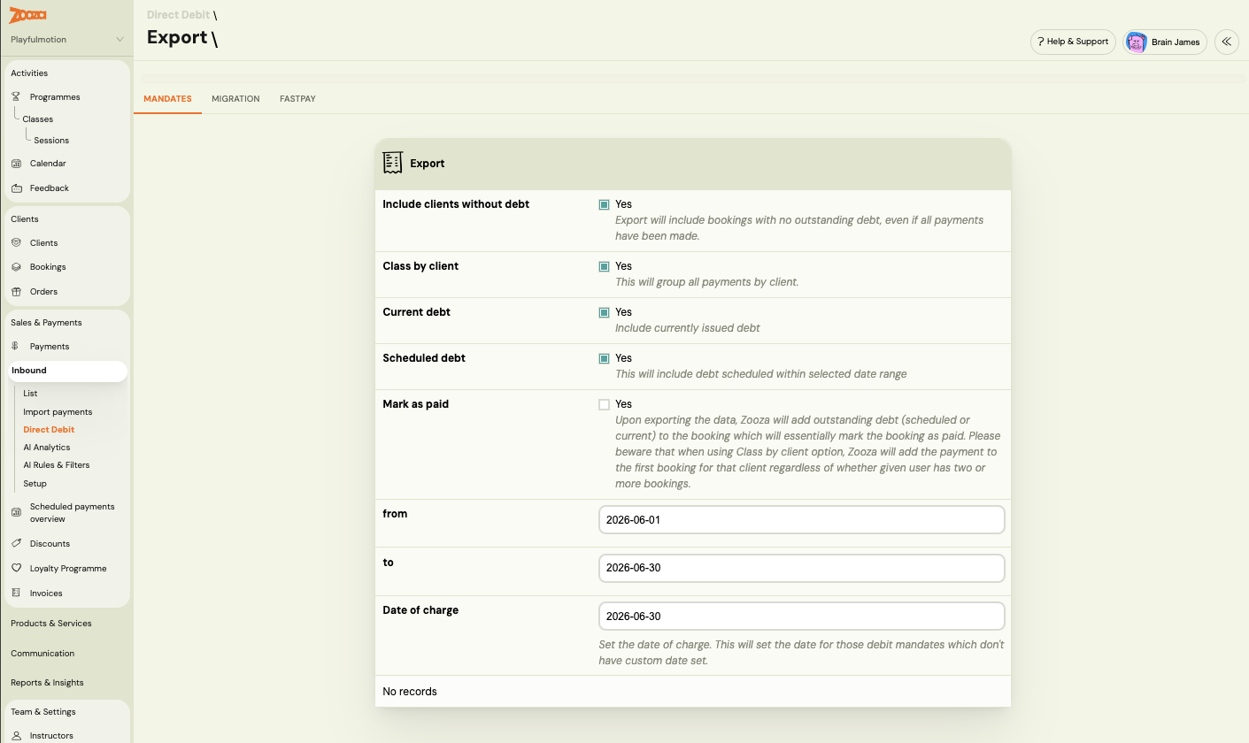 Direct Debit Export screen with the FastPay tab and the collection-period and debt options