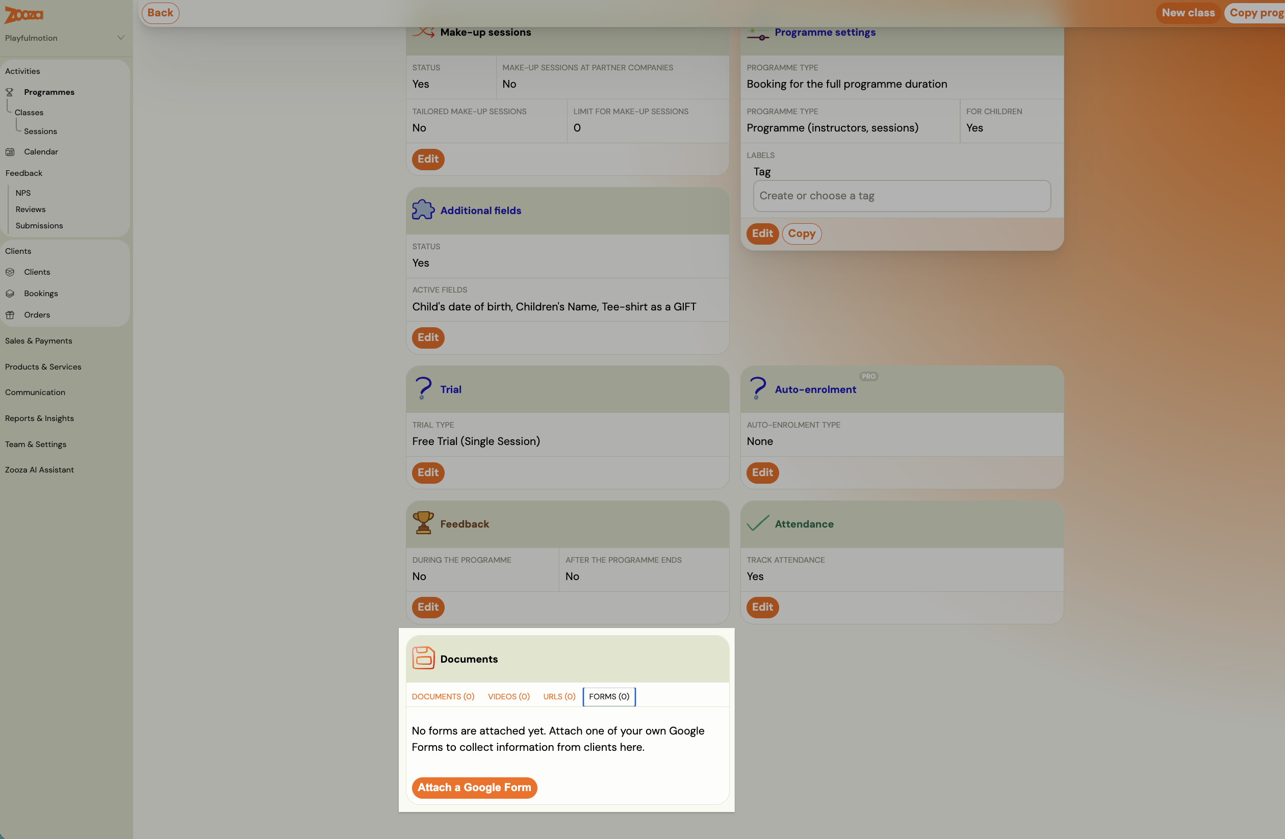 The Forms tab inside the Documents card, empty, with the Attach a Google Form button