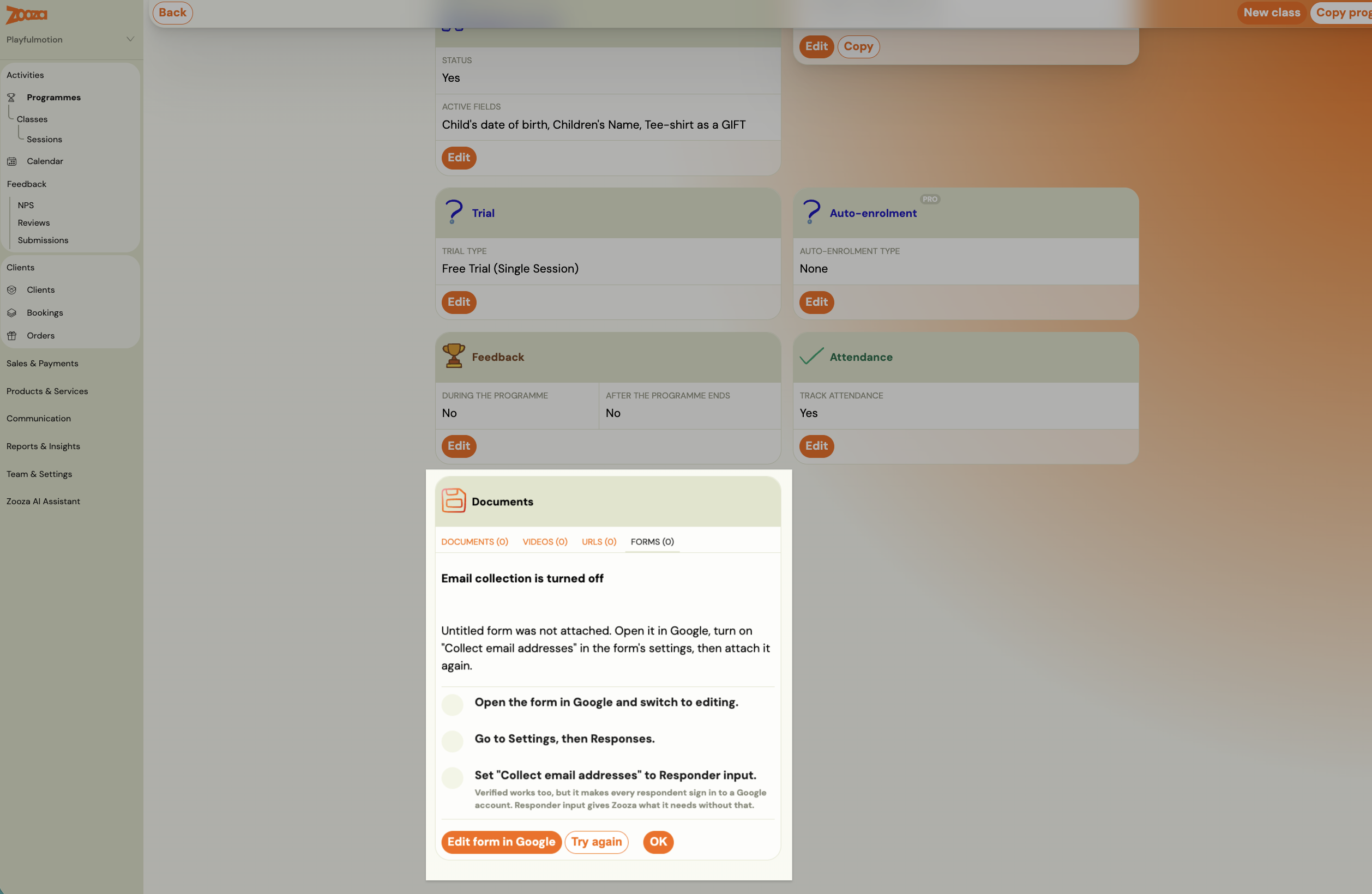 An attached form showing its status, requirement, send trigger and the Options and Detach actions