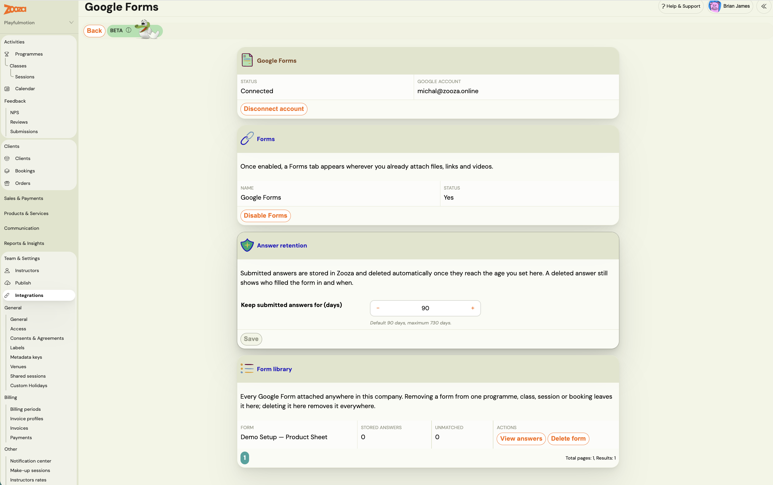 The Form library under Integrations, listing every attached form and its stored answers