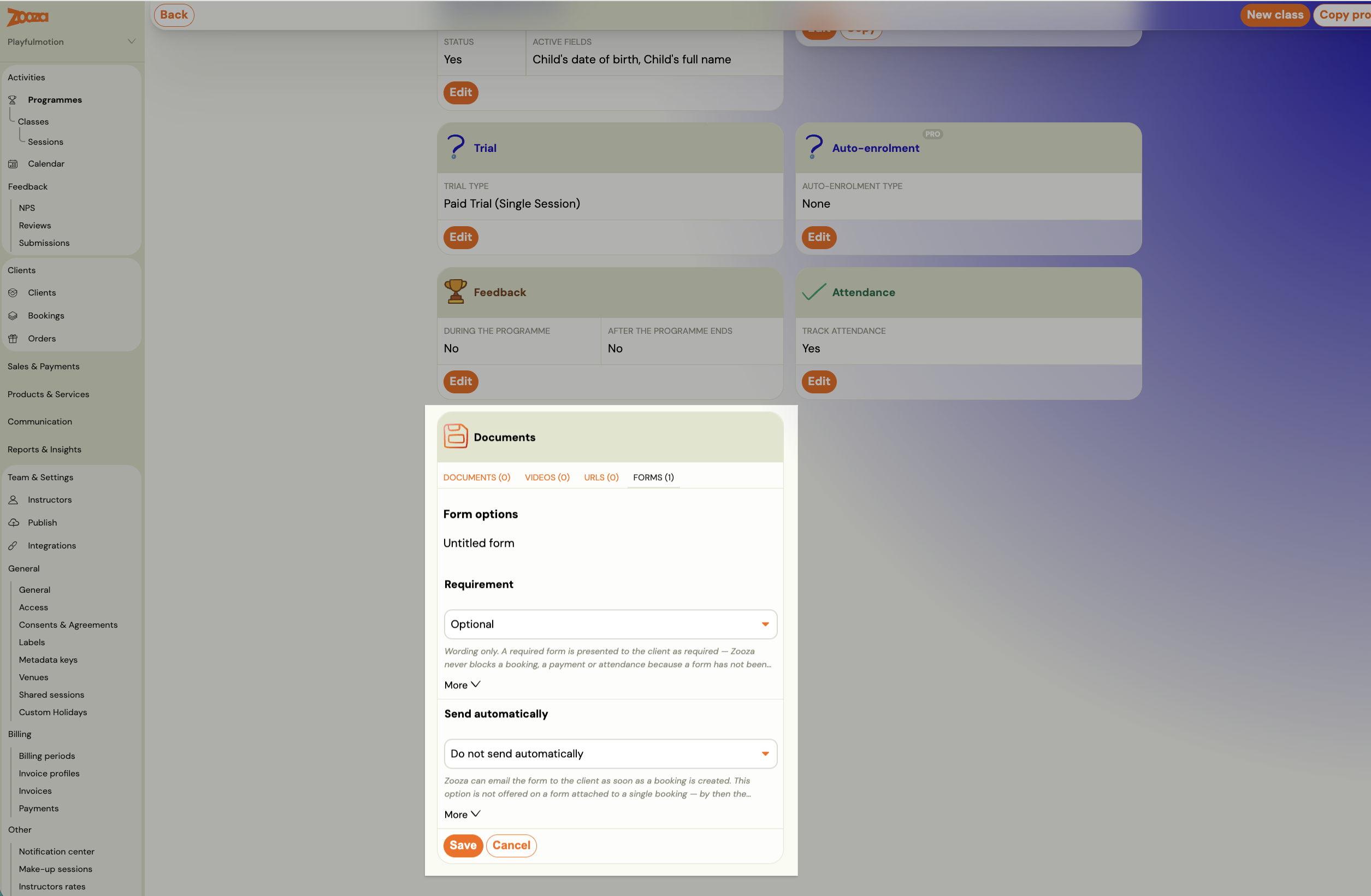 Form options with the Requirement and Send automatically dropdowns