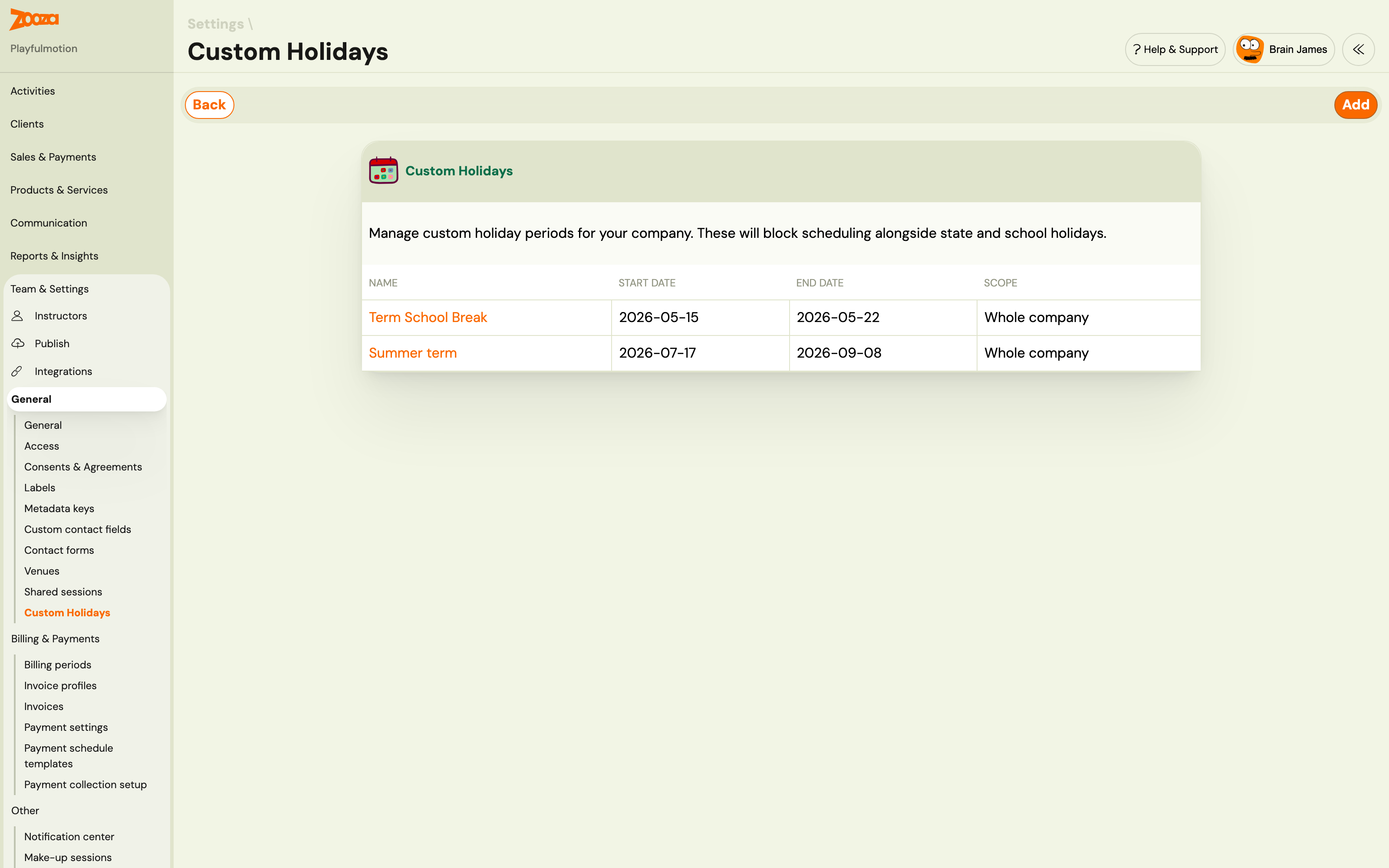 Custom Holidays settings screen