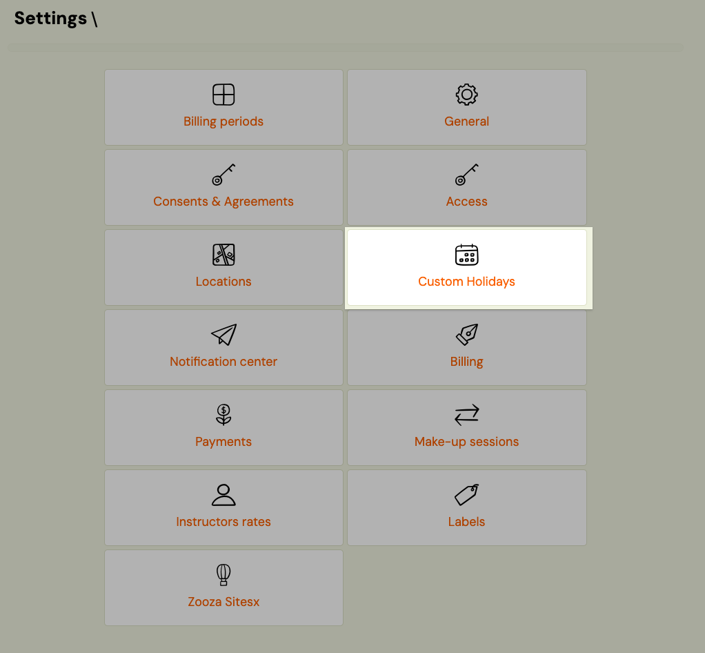 Custom Holidays settings screen