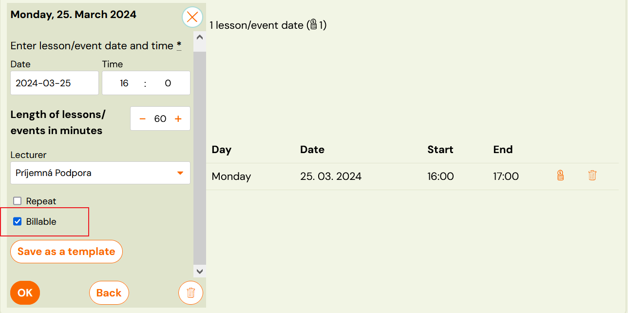 Billable checkbox when creating sessions