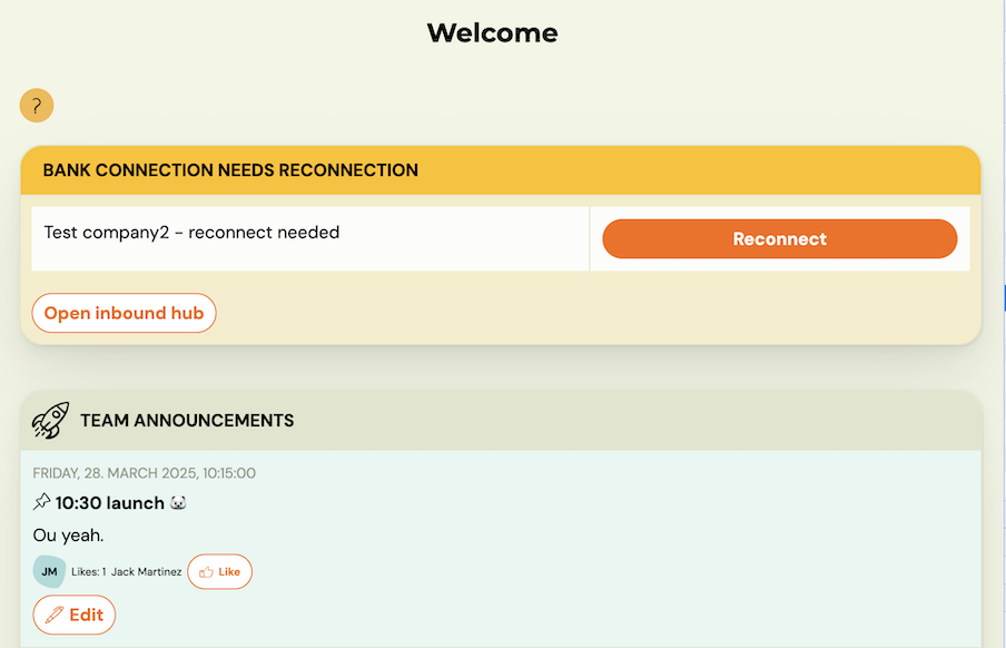 Dashboard warning banner — "Bank connection needs reconnection" with billing profile name and Reconnect button