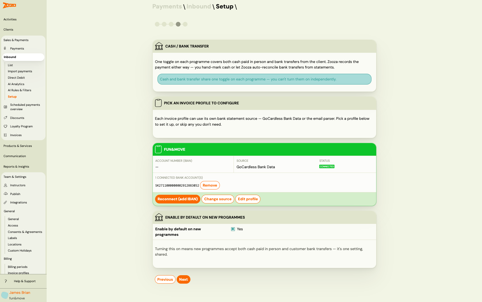Inbound setup wizard — cash and bank transfer step showing per-profile configuration