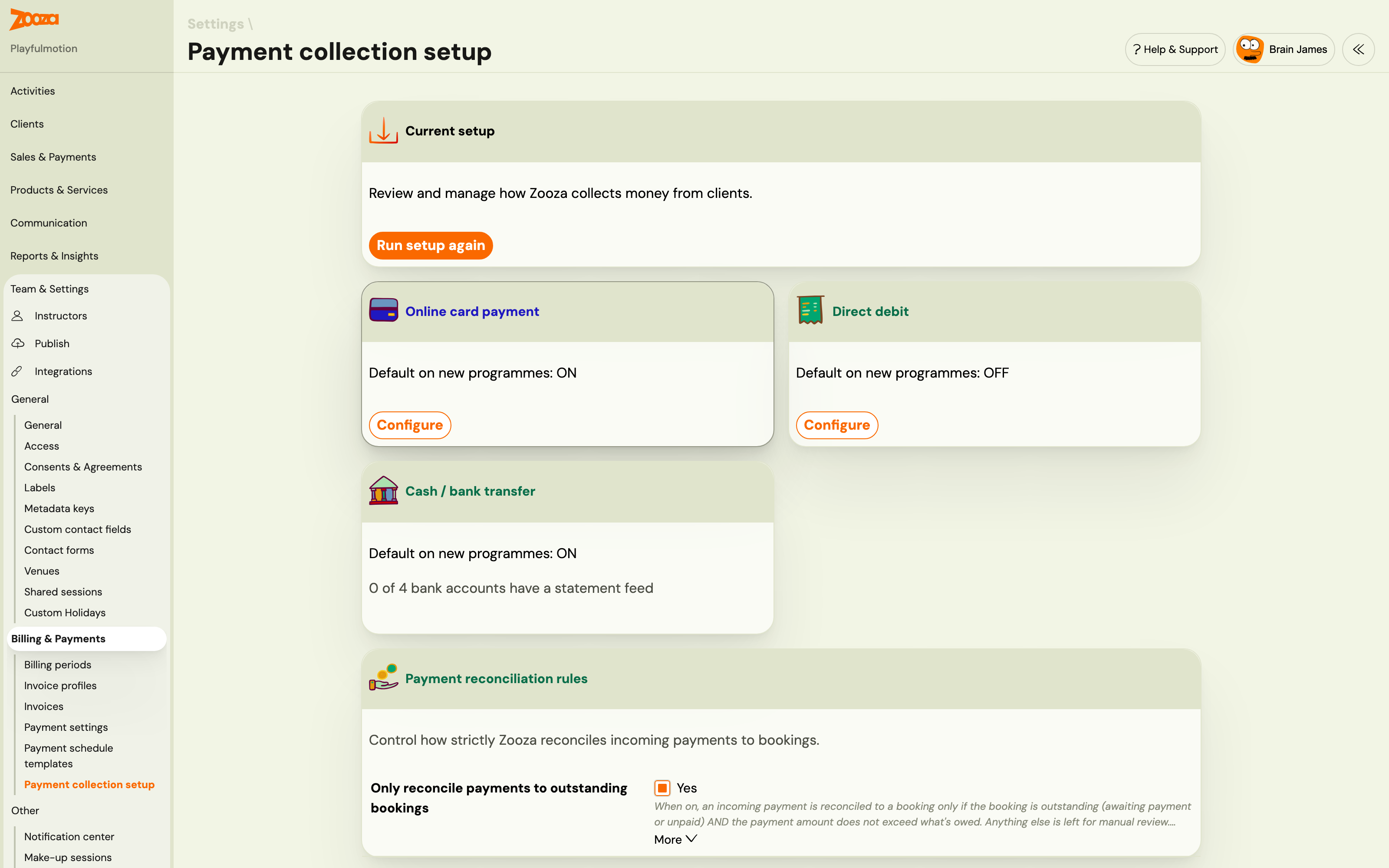 Inbound Payments Setup — current setup screen with the three channel tiles and bank statement status